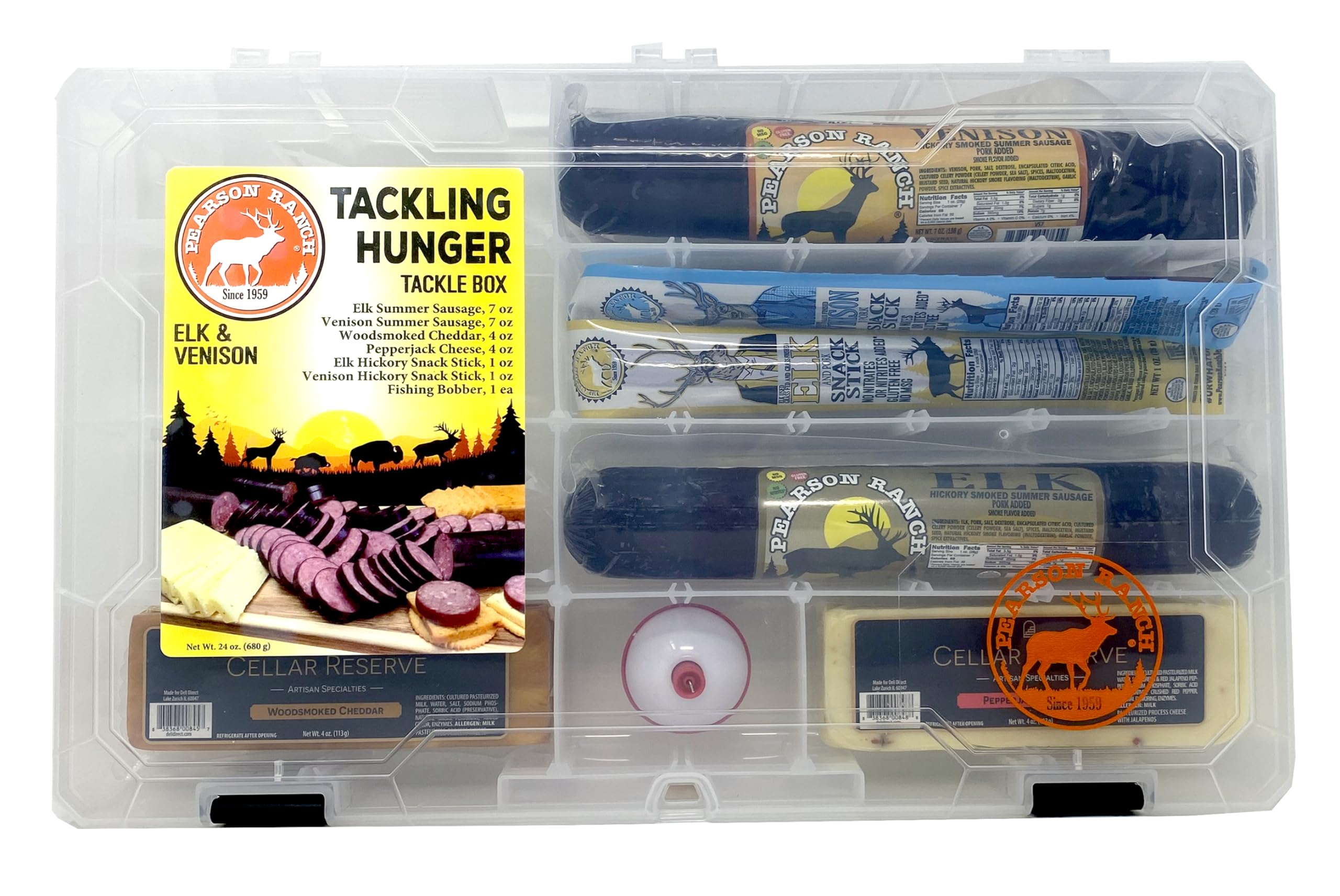 PEARSON RANCH Tacklebox Exotic Meat Gift Set Includes Elk and Venison Summer Sausage, 2 Blocks of Cheese, 2 Meat Sticks, Cheese and Sausage Box - Charcuterie Gift for Him