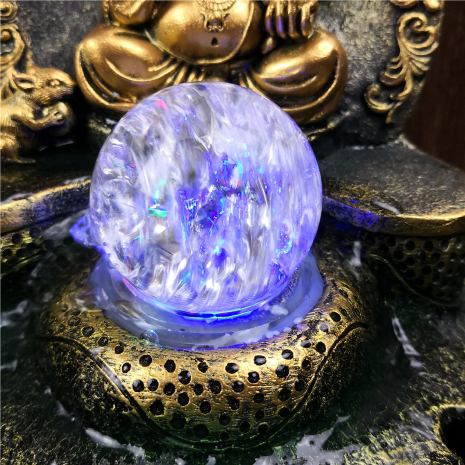 Fontaine Ganesh élégante - Fontaine d'intérieur et d'extérieur avec boule de cristal LED - Design en résine résistante aux UV et à la pluie