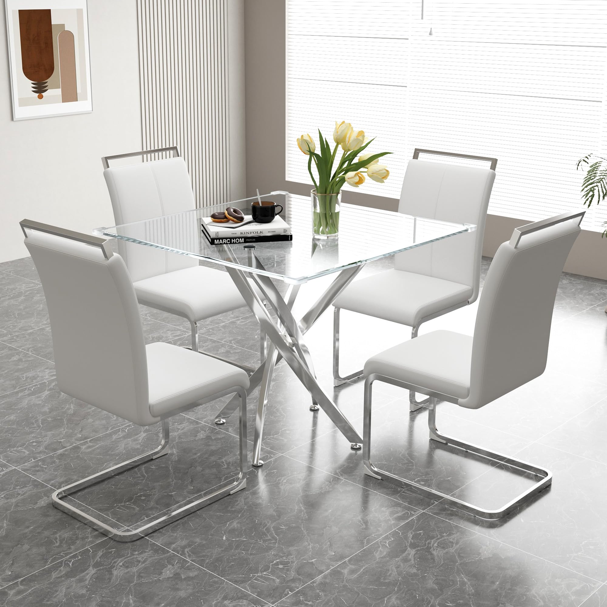 5-Piece Dining Room Set, Glass Dining Table Set with 36" Square Tempered Glass Kitchen Table and 4 High-Back Upholstered Chairs for Living Room, Apartment (Silver/White)