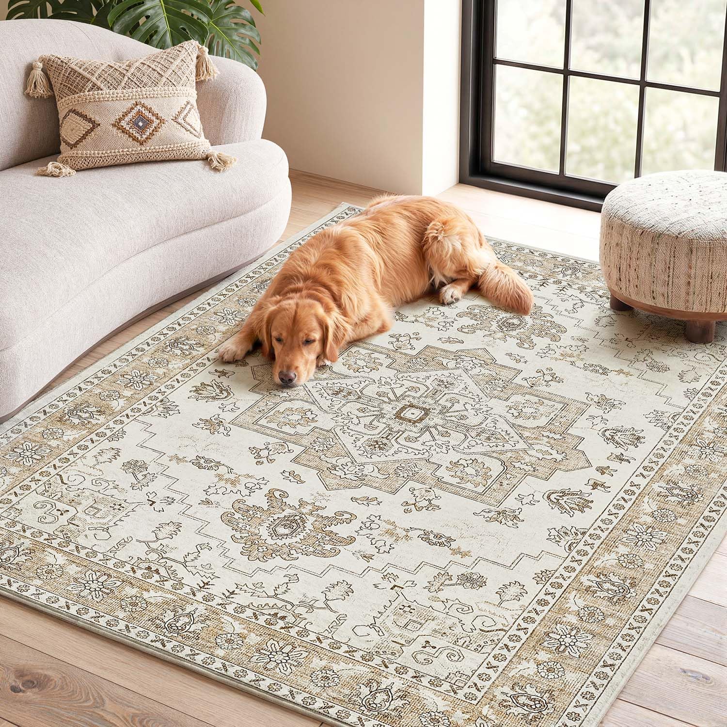 TOPICK Vintage Beige Taupe Rugs Bedroom, 120x170, Washable, Stain Resistant