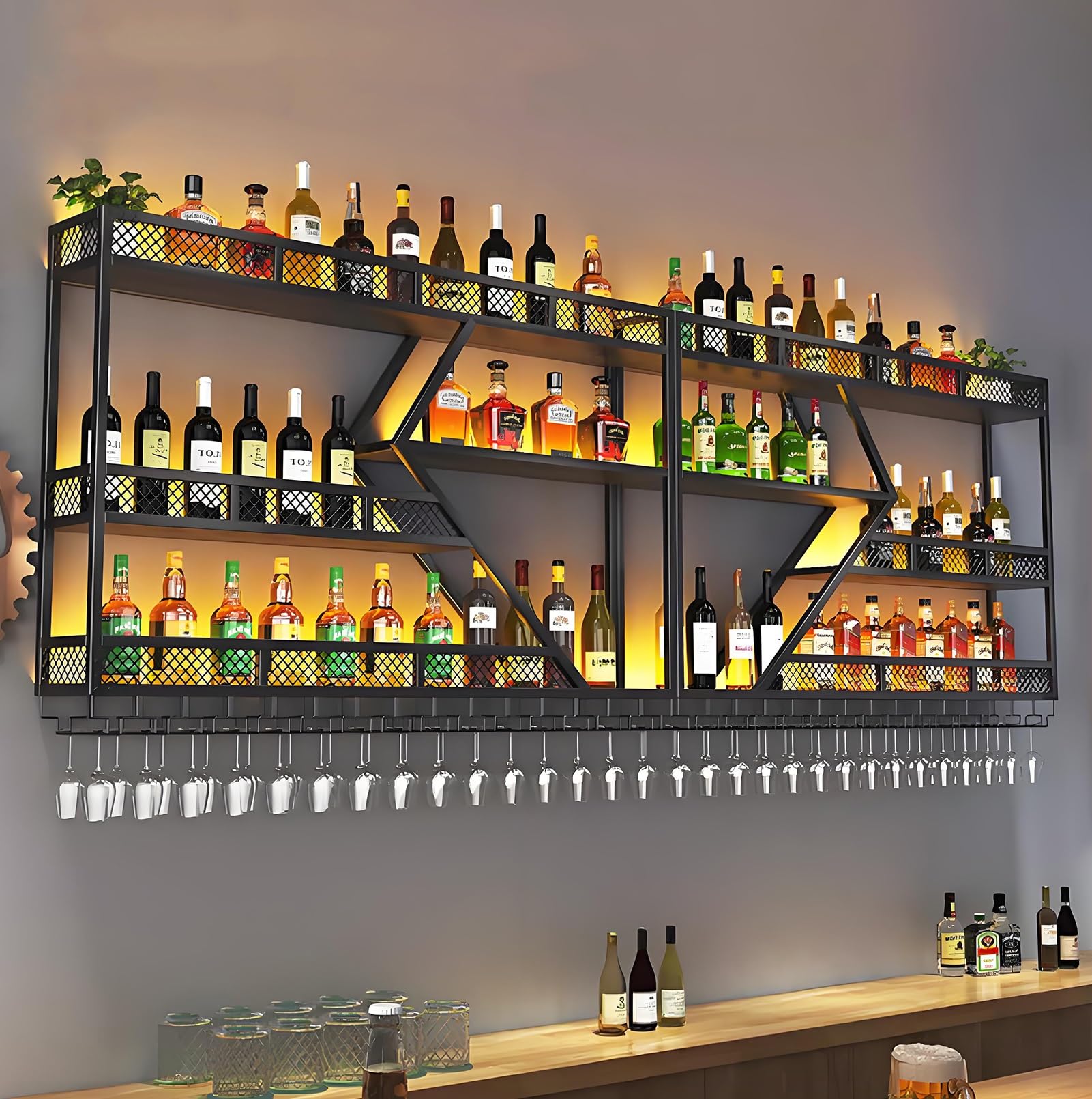 Generico Portabottiglie da Parete in Metallo a 3 Ripiani con LED, mensola per Bottiglie di liquore e portabicchieri, Elegante Soluzione per riporre Oggetti da Bar, per casa e Cucina (Nero, 240x20x86