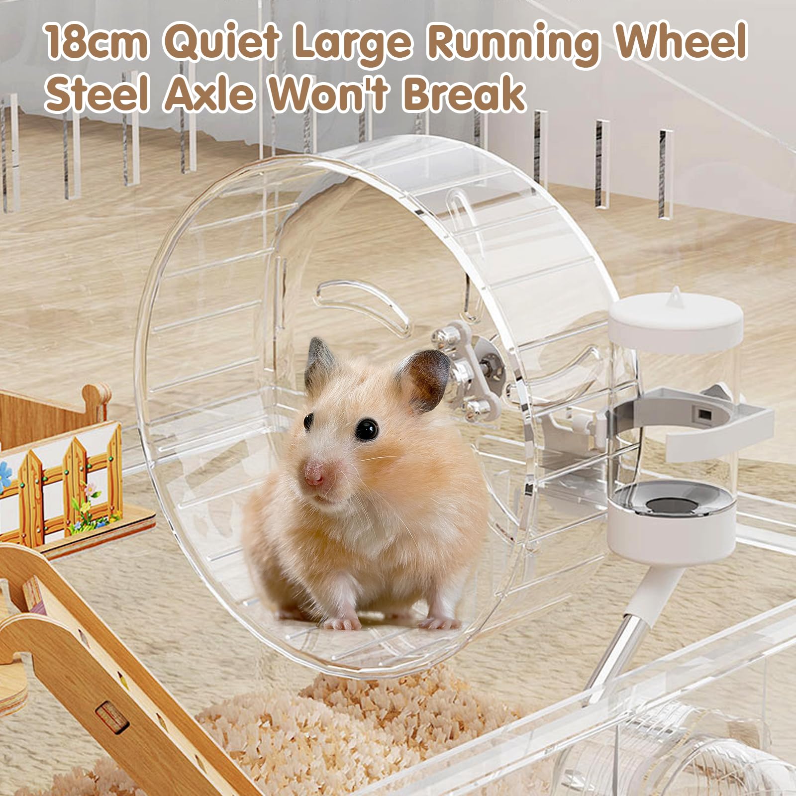 Gabbia per criceti in acrilico con accessori, trasparente gabbia per roditori 45×30×33 cm con ruota, tunnel, casetta in legno, abbeveratoio e ciotola per cibo – Grande gabbia per piccoli animali per