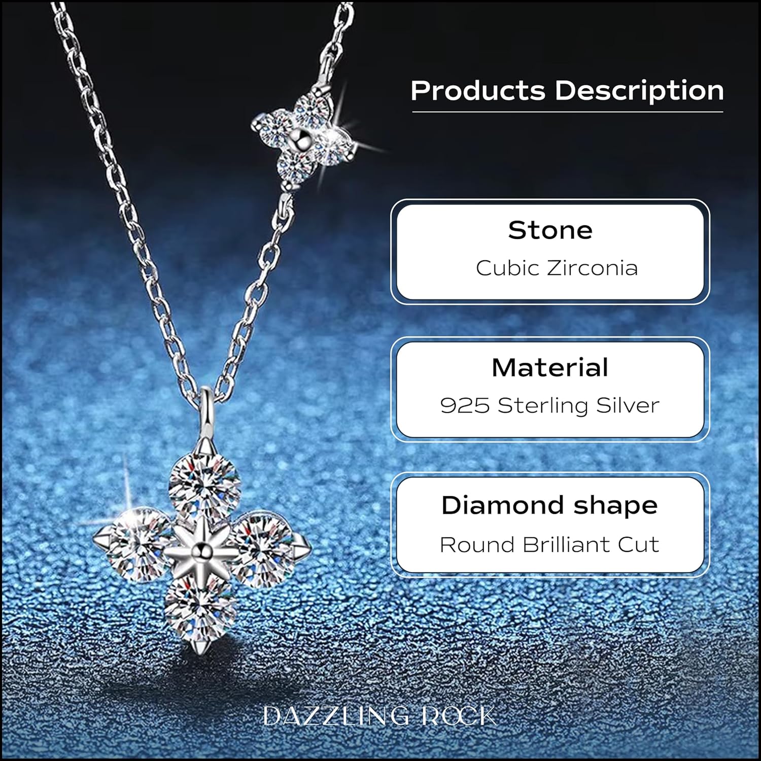 Dazzlingrock Collection Round Cubic Zirconia Starburst Twinkling Clover Flower Pendant Necklace with 18 inch Silver Chain for Women in 925 Sterling Silver - Image 3