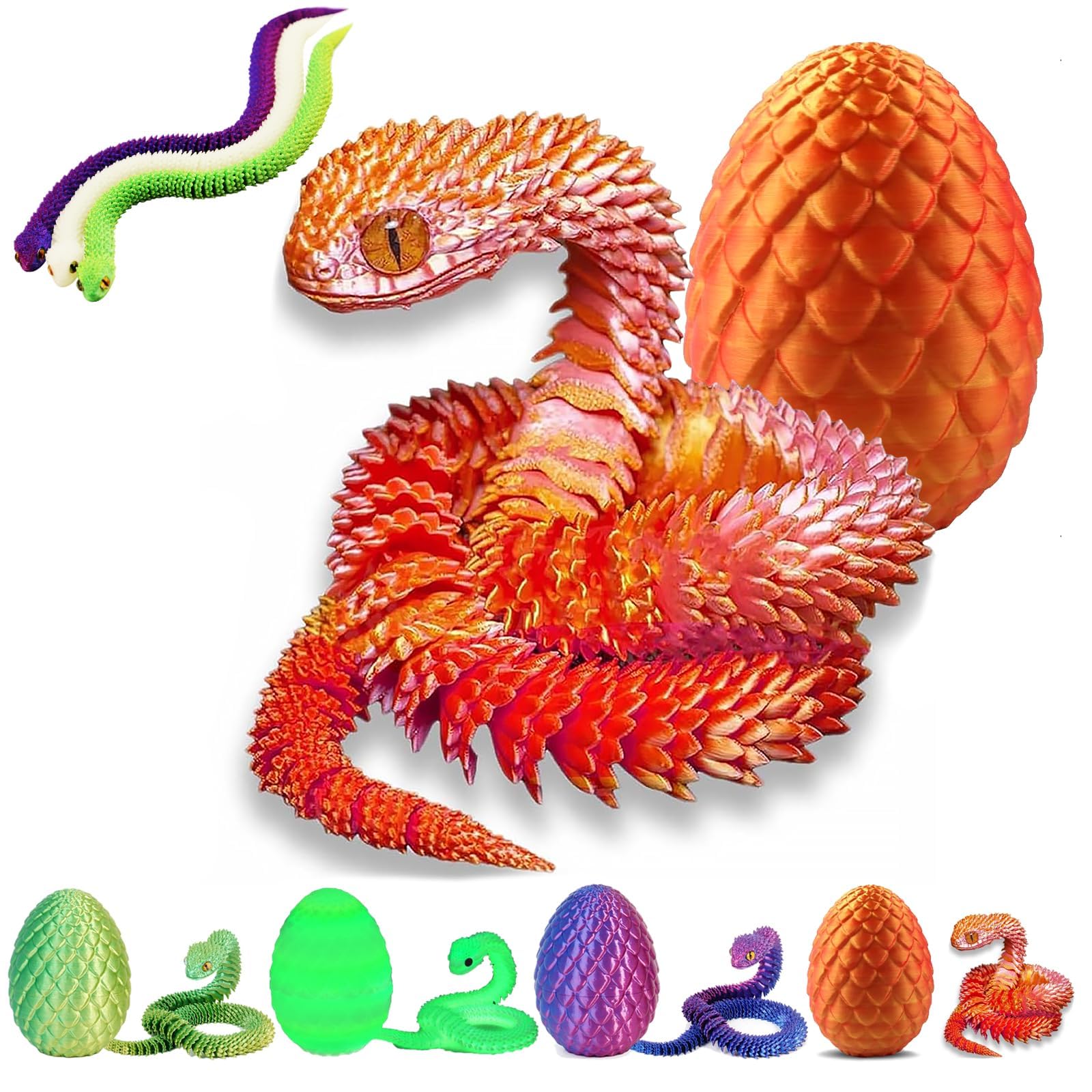 nnOuOnn 3D Printed Snake in Easter Egg, 3D Printed Fidget Mini Animals Toy Articular Mobility Toys, Articulated Flexible Snake Statue Decor for Home Office (Orange)