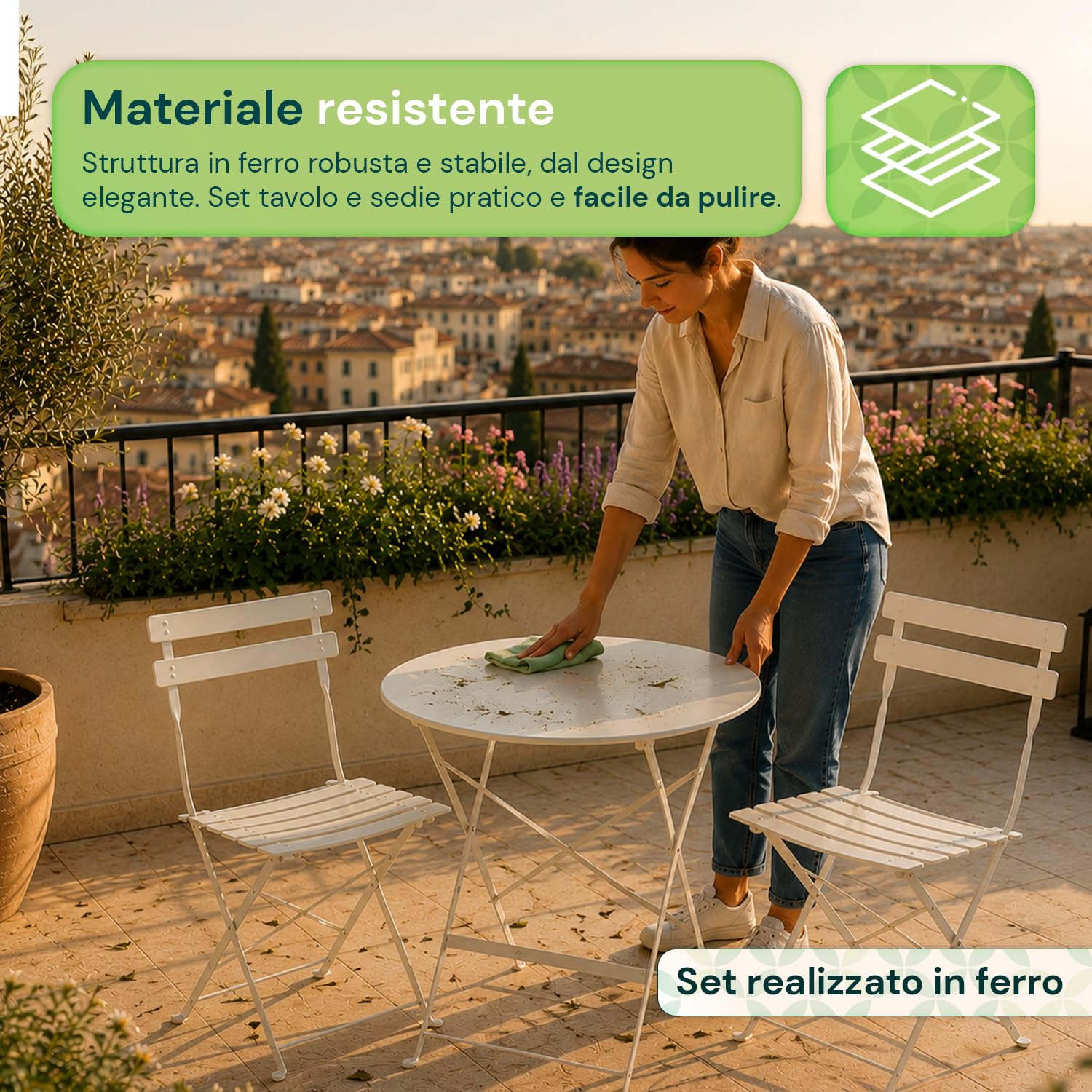 Avilia - Set Tavolo e 2 Sedie da Giardino Pieghevoli – Tavolo Rotondo Ø60 cm, 2 Sedie, Ferro | Tavolo e Sedie da Esterno, Tavolo 150 kg, Sedie 100 kg, Chiudibile, Balcone e Terrazzo (Bianco)