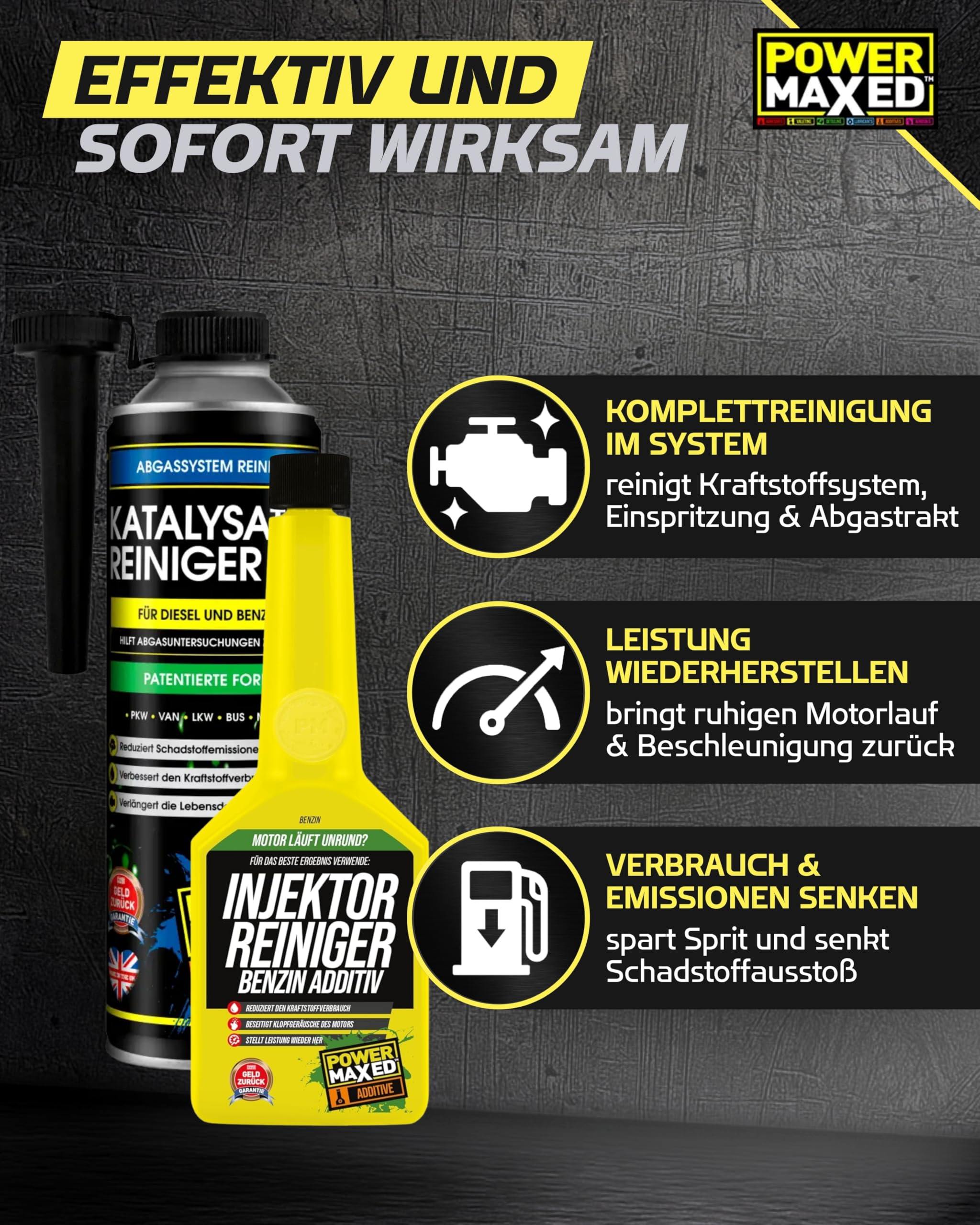 Power Maxed Benzin-Komplett-Kur – 3+1 Set Systemreiniger für Benziner & Hybrid – Katalysator & Injektor Reiniger – Reduziert Emissionen & senkt Verbrauch