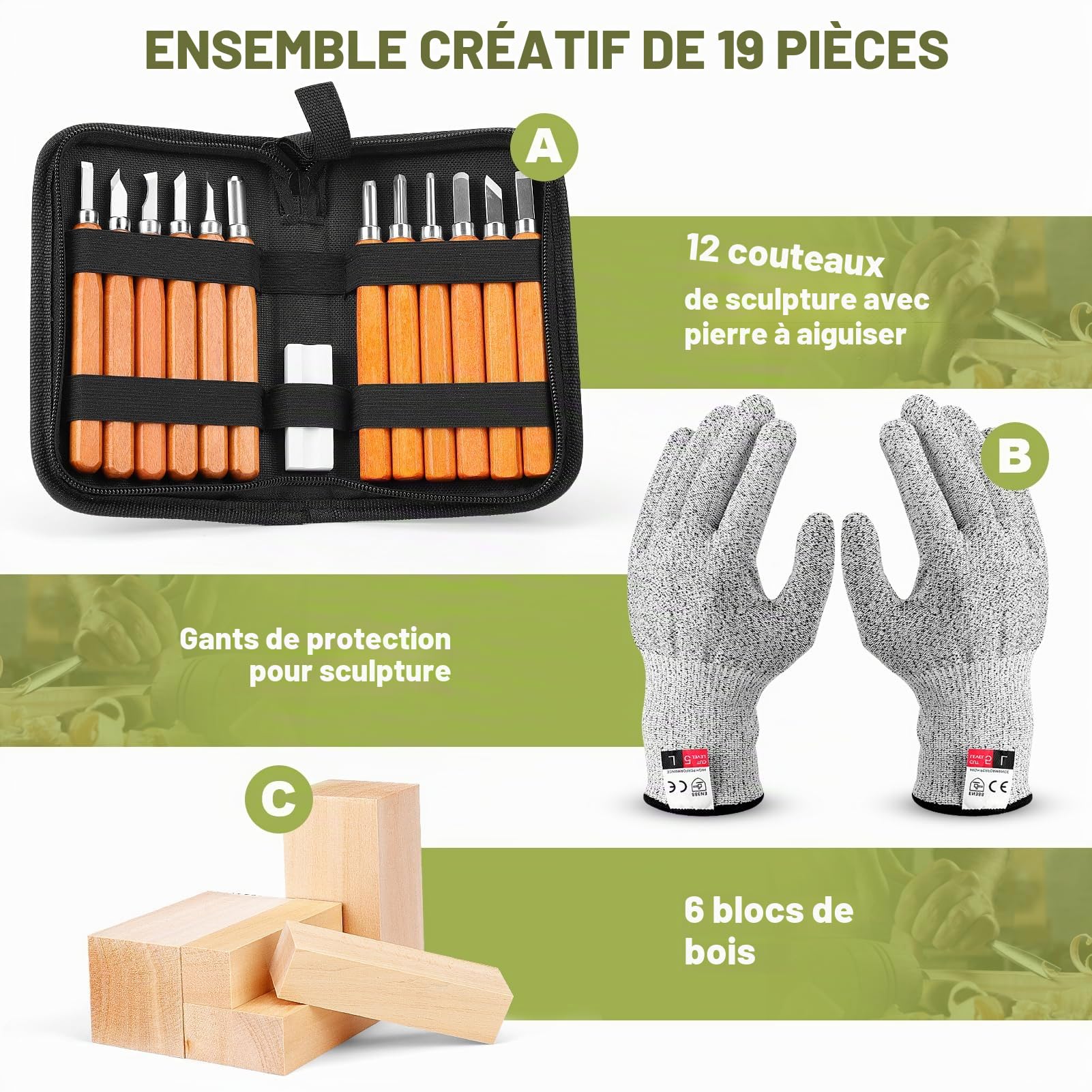 EOJDDPA Kit de Sculpture sur Bois pour Enfants : Ensemble de 12 Pièces avec Gants - Couteau de Sculpture pour Enfants dès 8 Ans - Incl. Guide & Bois de Tilleul - Créatif et Sécurisé