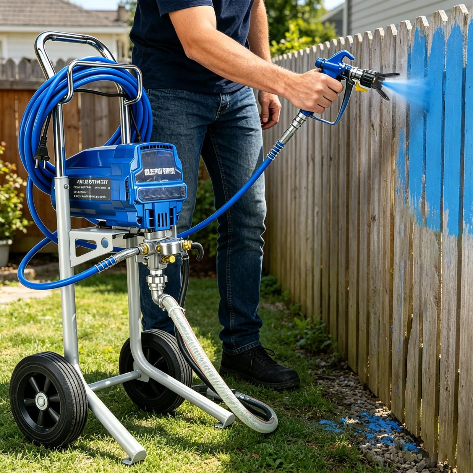 Maszyna do Malowania Natryskowego Bezpowietrzna 3300 Psi 5 M Wąż 30 Cm/11,81 Cala Drążek Przedłużający Zapobiega Nadmiernemu Rozpylaniu na Ścianach, Ogrodzeniach, Tarasach, Szopach
