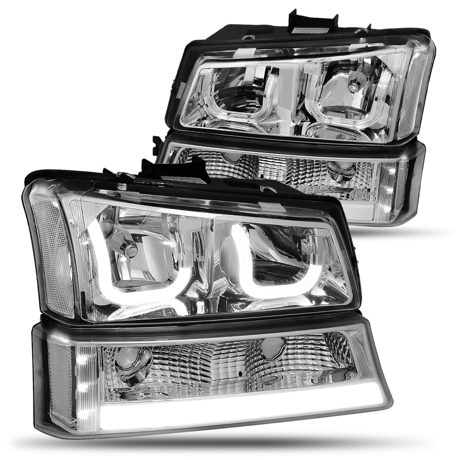 Headlight Assembly Compatible with Chevy Avalanche 03-06 Silverado 1500 2500 HD 3500 Classic 2007 J-shaped LED Halo DRL Headlamps with Bumper Lights GM2502224 GM2503224 GM2521185 CAAP-CS03-3DLED-CH-HL