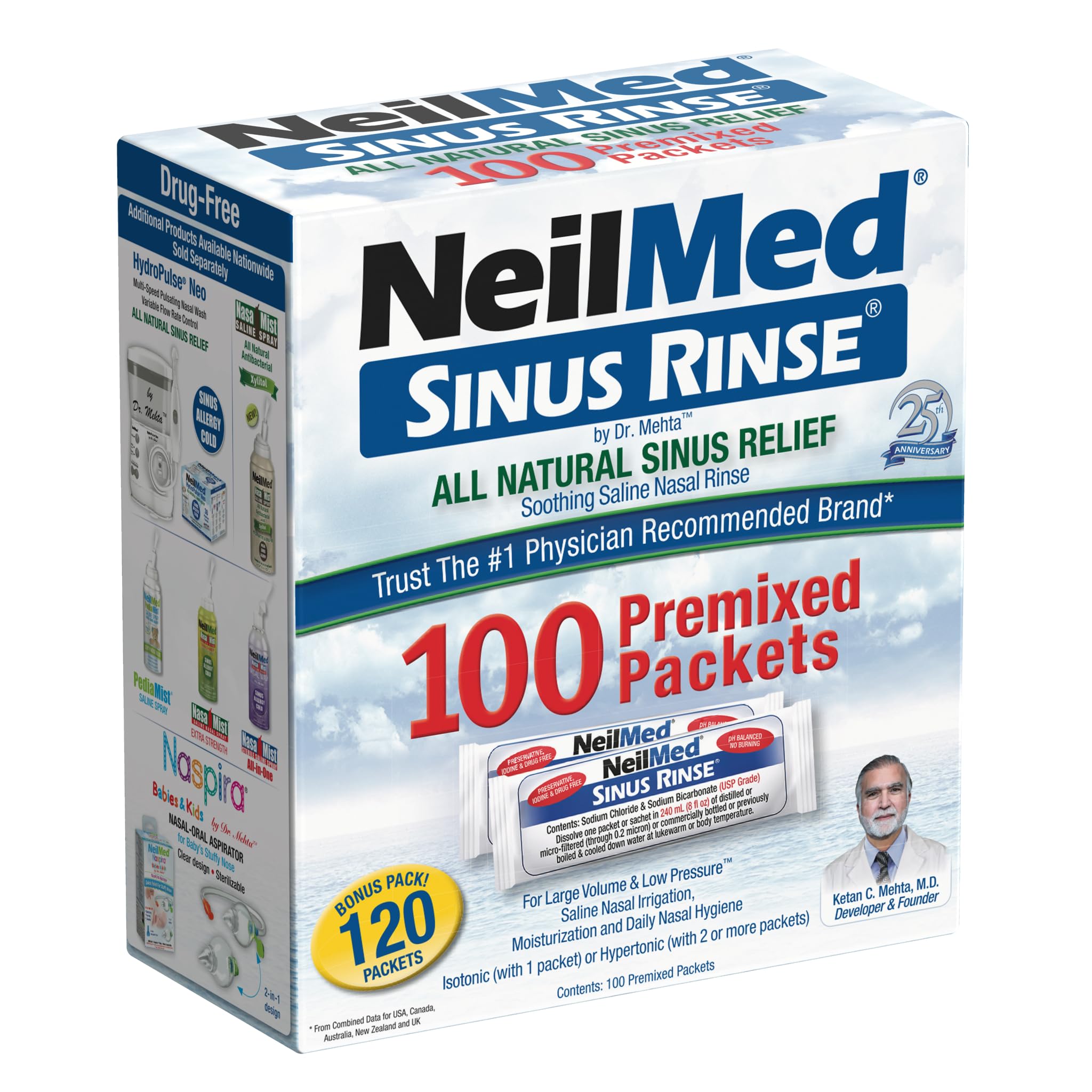 NeilMed Sinus Rinse All Natural Relief Premixed Refill Packets 100 Count (Pack of 1)