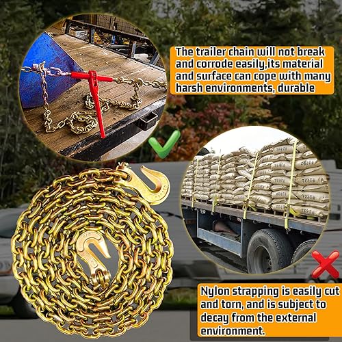 Miniatura 5 de Cadena de transporte G80 de 516 pulgadas × 10 pies, cadena de remolque con ganchos de agarre de horquilla, límite de carga de trabajo seguro de 4900