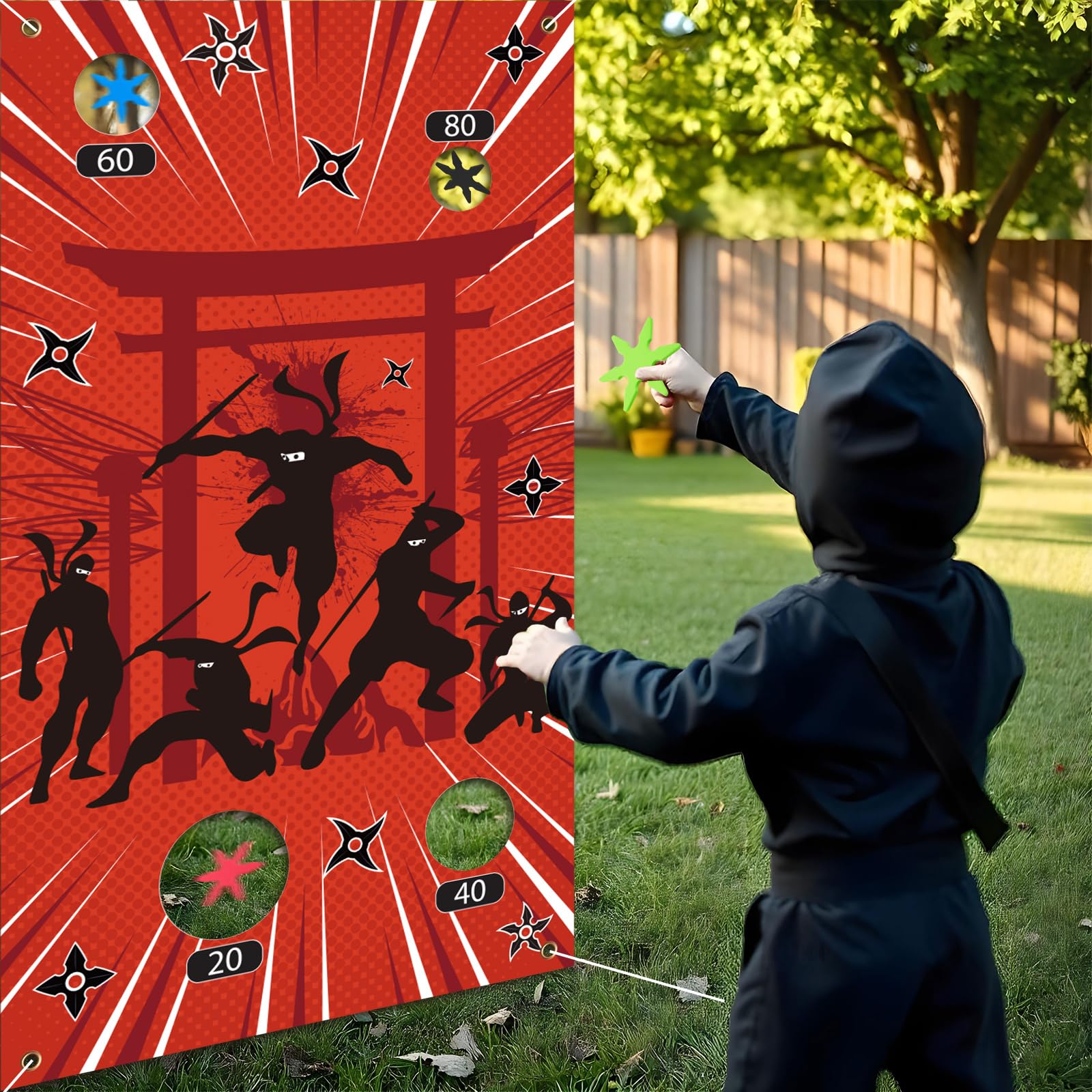 TEASIK Ninja Toss Game Banner with 12 Foam Stars Ninja Theme Throwing Target Banner Indoor Outdoor Activity Decorations for Boys Kids Teens Adults