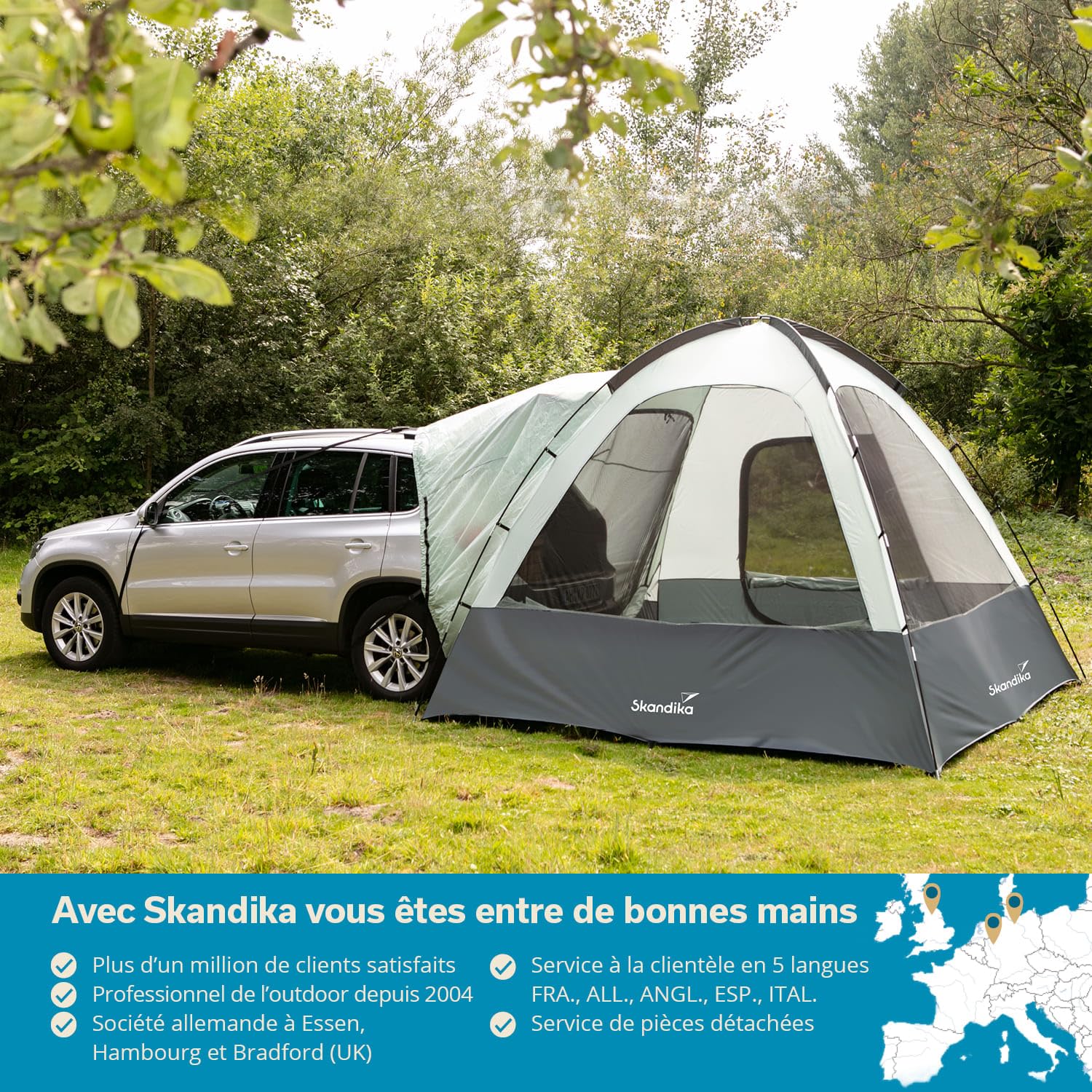 Skandika Tente de voiture Pitea pour 4 personnes - Tente dôme pour 4 personnes - Abri de camping - Tente autoportante - Imperméable - Tapis de sol cousu - Tente familiale pour SUV ou van / bus - 3 x 3