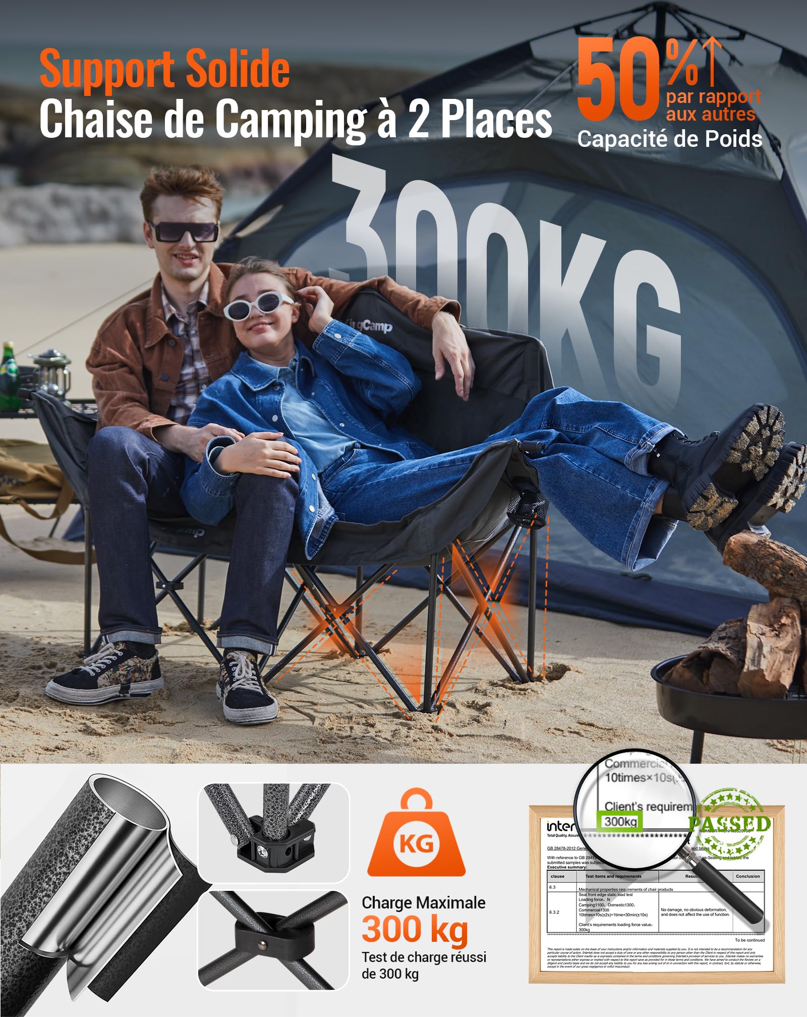KingCamp XXL Chaise de Camping Pliante pour 2 Personnes, Jusqu'à 300 kg | Fauteuil de Camping Pliable Rembourrée, Porte-Gobelet, Porte-Verre à Vin, Dossier Haut, Canapé de Camping 1 2 & 3 Places