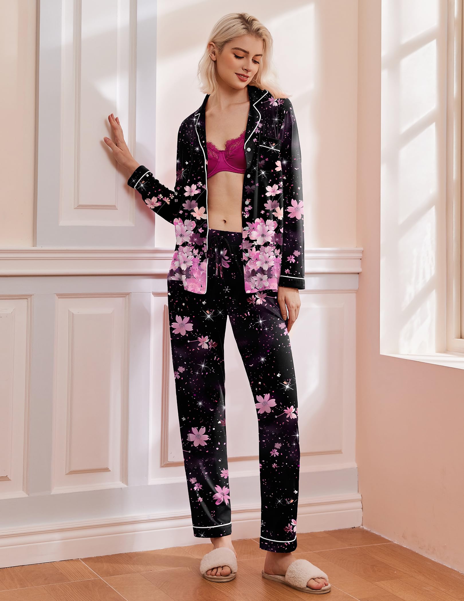 Ekouaer Pajamas Women's Long Sleeve Sleepwear Soft Button Down Loungewear Pjs Lounge Set Nightwear XS-XXL: XX-Large Floral Black Pink