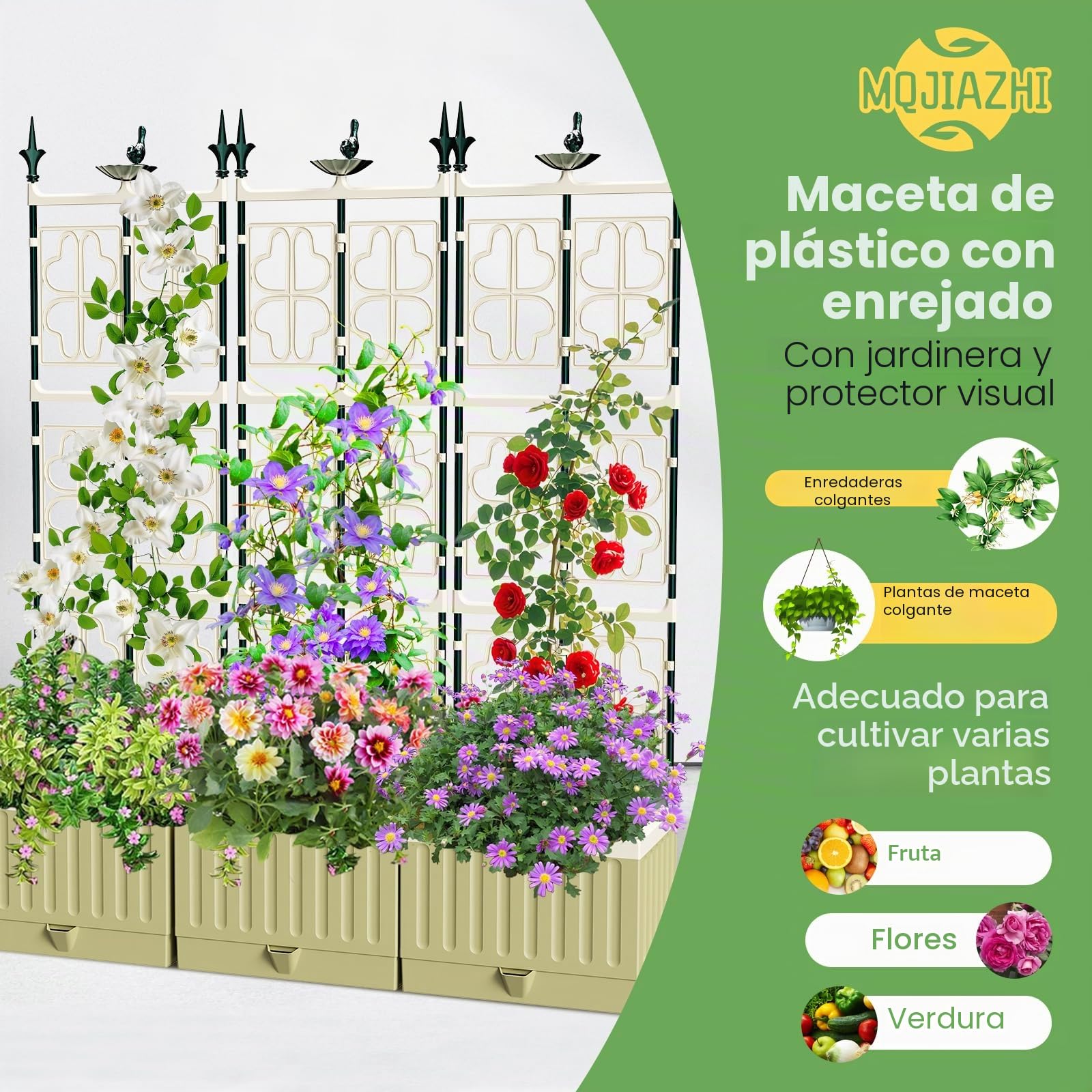 Cama de jardín elevada con enrejado de metal, maceta elevada de 142 cm con riego automático, maceta elevada para plantas trepadoras, frutas, verduras, flores
