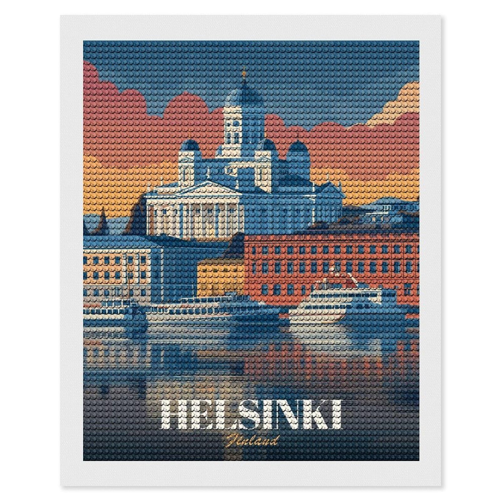 Junmoney Helsinki, Finland Cityscape Illustration Diamond Art Kit 16"x20", Bedroom Decor, Adhesive Canvas, Full Kit Included, Thoughtful Present, Birthday Gift