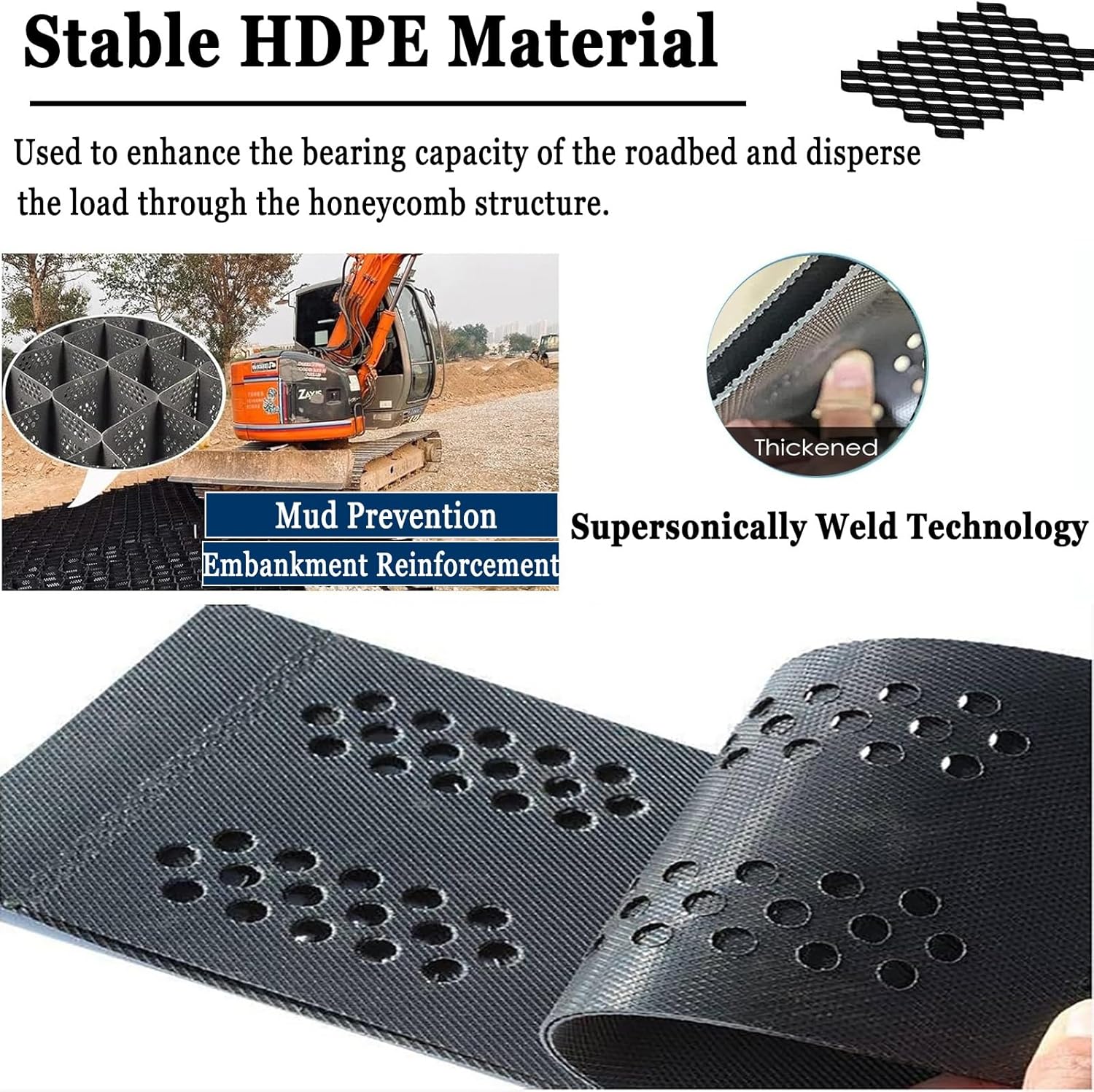 2インチ厚ジオグリッドグラウンドグリッド、ジオグリッド砂利グリッド、3フィート/ 5フィート/ 10フィート/ 15フィート/ 20