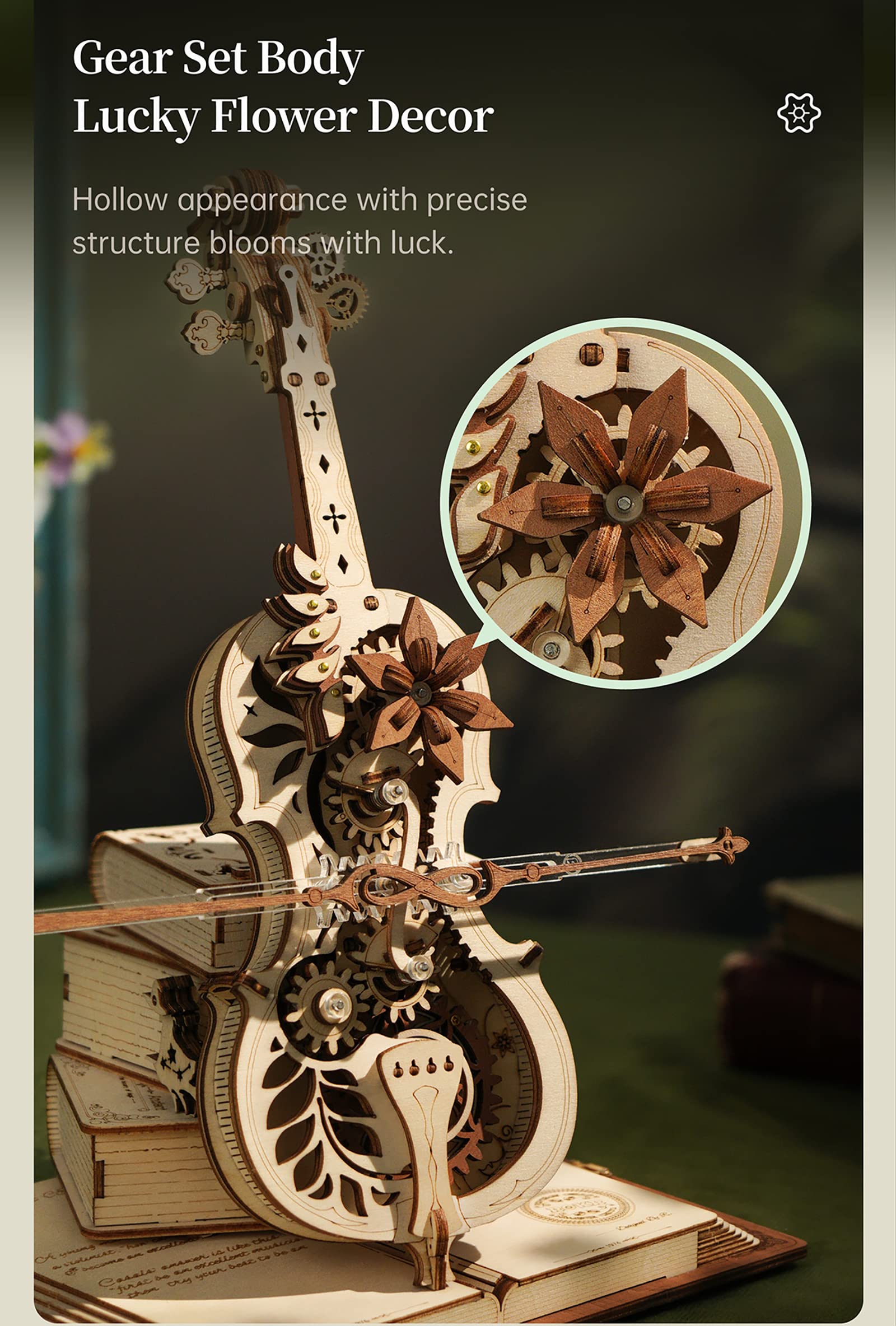 3D-Holzpuzzle, Mechanische Spieluhr Für Magisches Cello, Beweglicher Bogen, Der Die Echte Leistung des Cellos Simuliert, Interessantes Kreatives Spielzeug