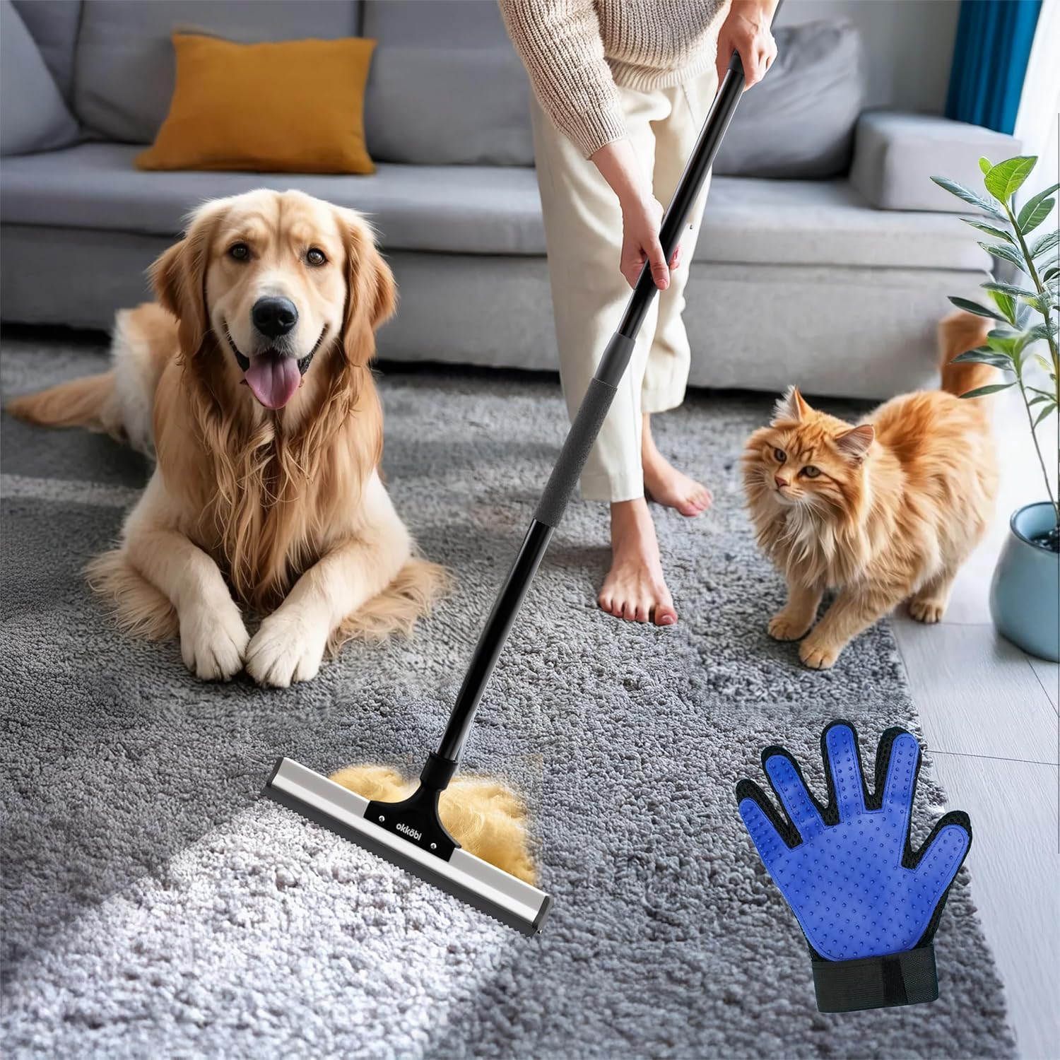 Quita Pelos Mascota – Pet Hair Remover – Escoba de Goma para Perros y Gatos – Escoba de Silicona para Barrer – Cepillo Mascotas para Alfombras, Suelos, Muebles – Palo Extensible Limpieza