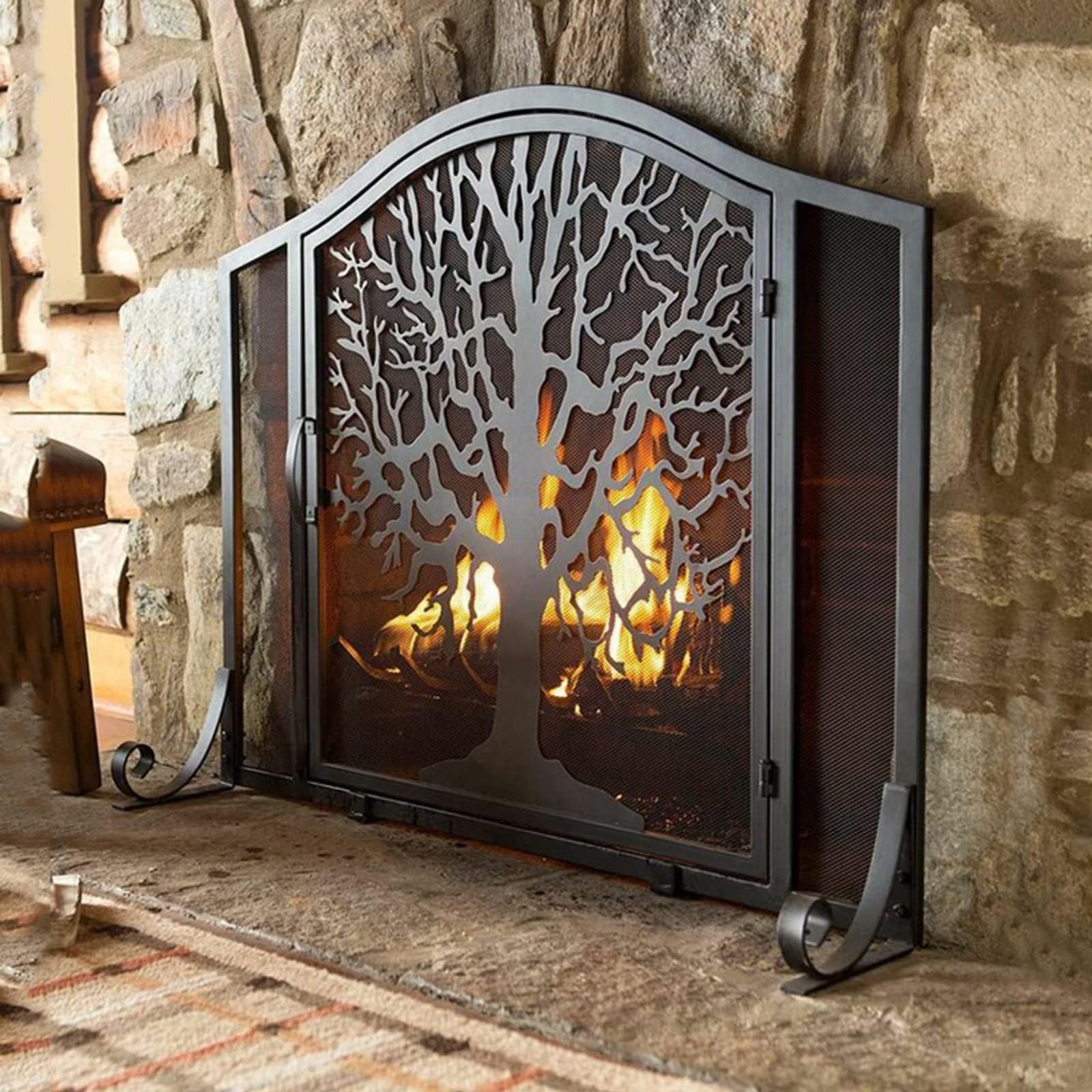Jxyqzd One Color Fireplace Screen, Wrought Iron Tree Shaped Fireplace Cover, Fire Place Screen/Grate With Door, Fire Spark Guard Grate For Living Room
