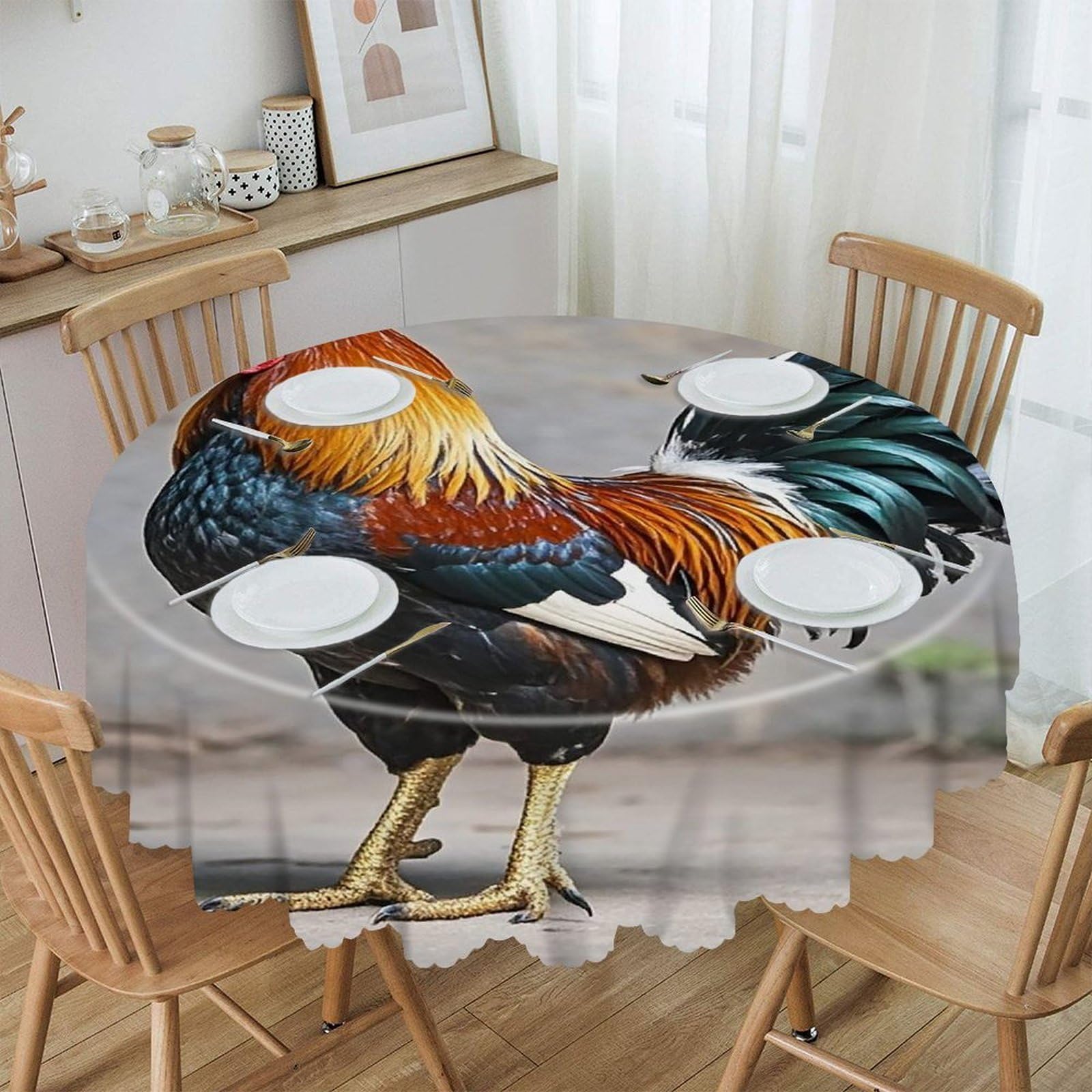 FekiLoot 60 Inch Round Rooster Tablecloth Waterproof Heavy Duty Polyester Table Cloth Spill-Proof Wipeable Table Cover Decorative Circle Dining Tablecover for Party Outdoor