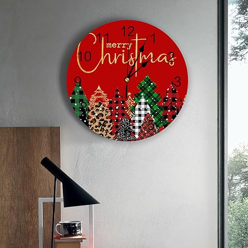 Miniatura 4 de Reloj de pared decorativo, silencioso, sin tictac, árbol de Navidad, estampado de leopardo, a cuadros, rojo, reloj de pared redondo de 10 pulgadas