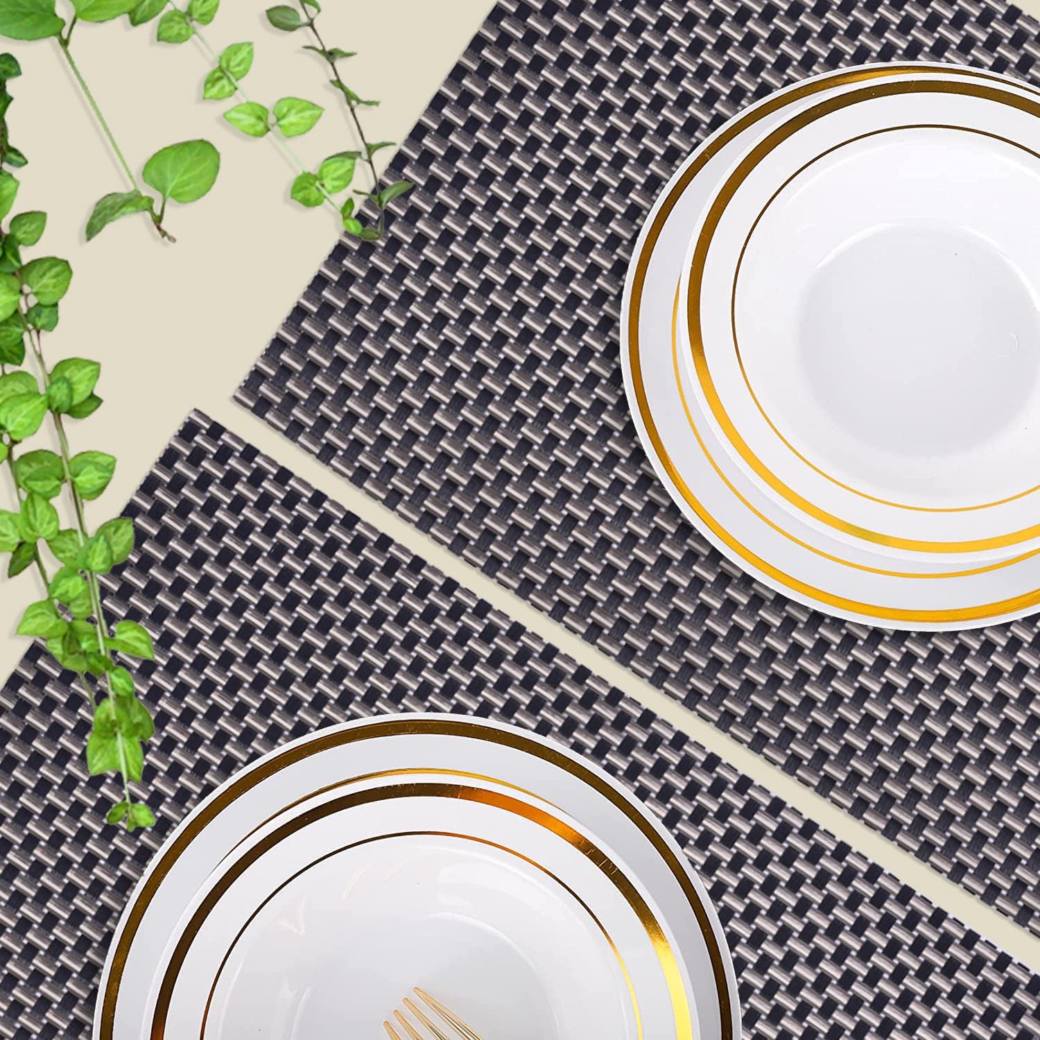 Decozen Placemats Set of 18 Vinyl Placemats Table Protector for Kitchen Decor Home Decor, Scratch & Heat Resistant Place mats Washable Wipeable Table Mats for Indoor Outdoor Use 18x12 Inch Black Gold