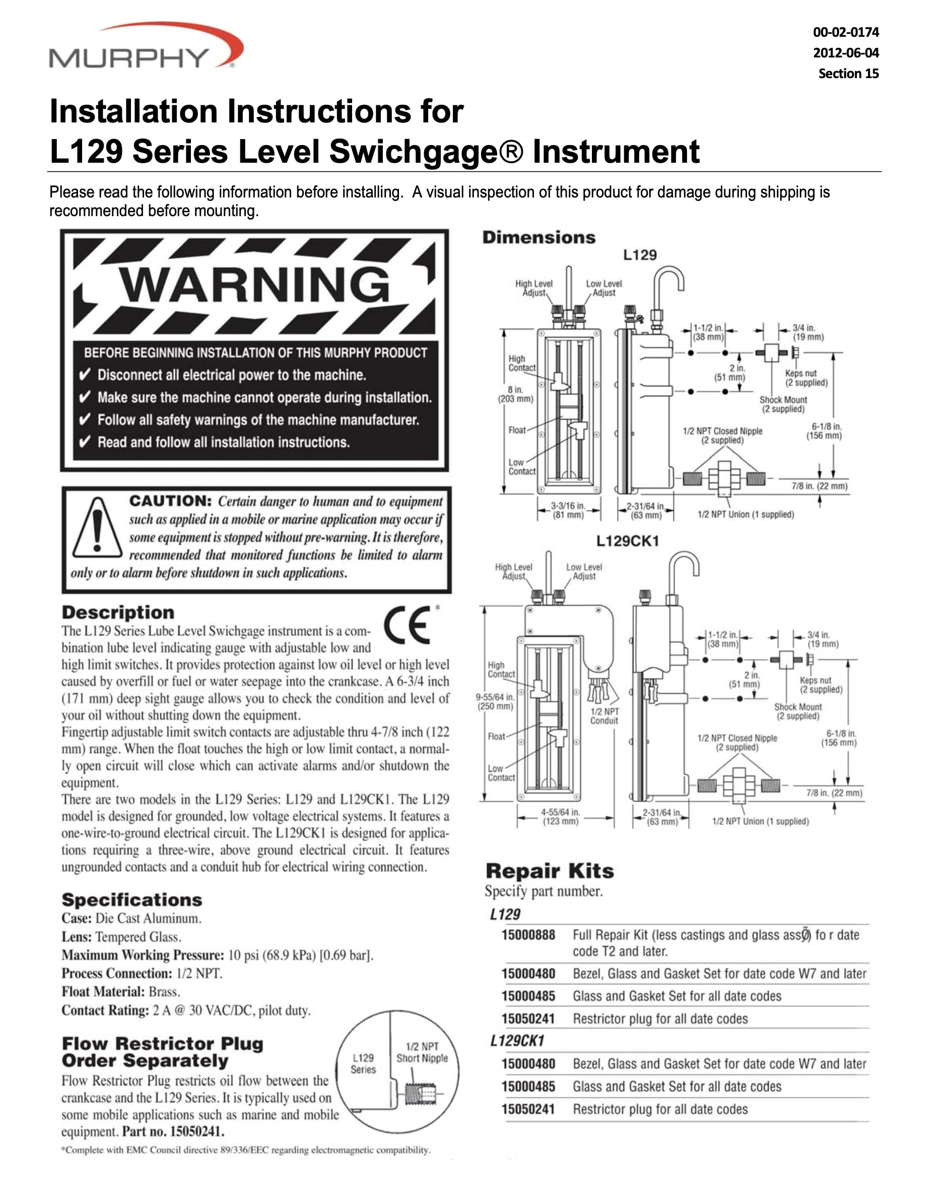 Murphy by Enovation Controls L129CK1 Lube Level Swichgage