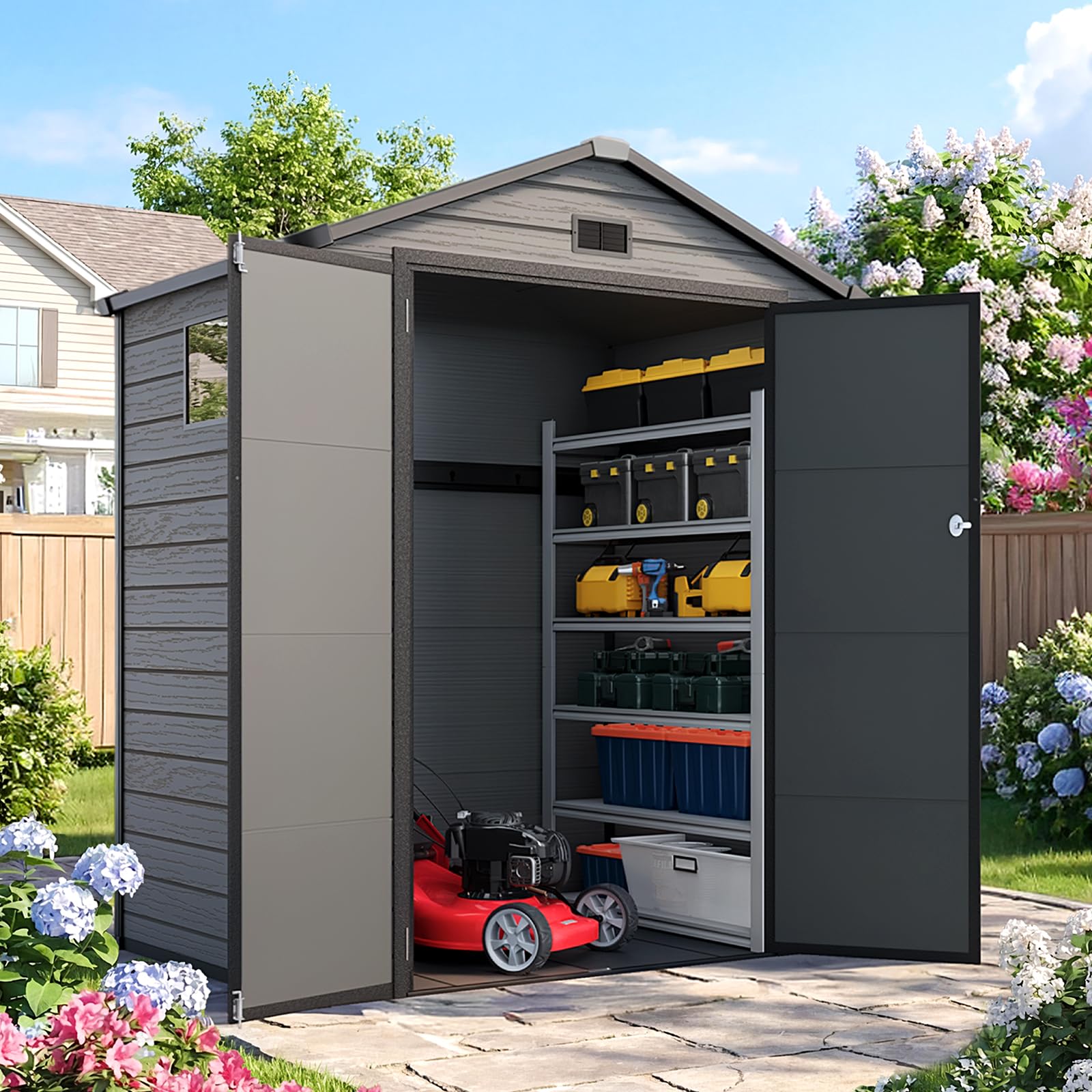 Product dimensions of the Quictent 6x4 FT Resin Storage Shed, showing exterior measurements of 63.4 inches length, 41.7 inches width, and 79.5 inches height. The image also indicates the shed comes in 2 boxes.