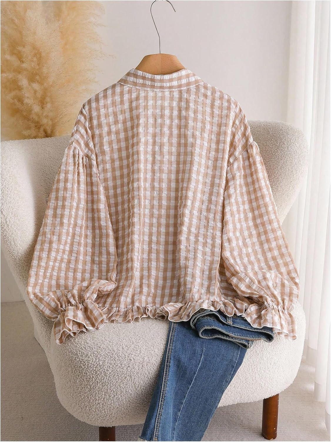 WDIRARA Women's Plus Size Gingham Plaid Button Down Shirts Flounce Long Sleeve Ruffle Blouse Crop Top - Image 2