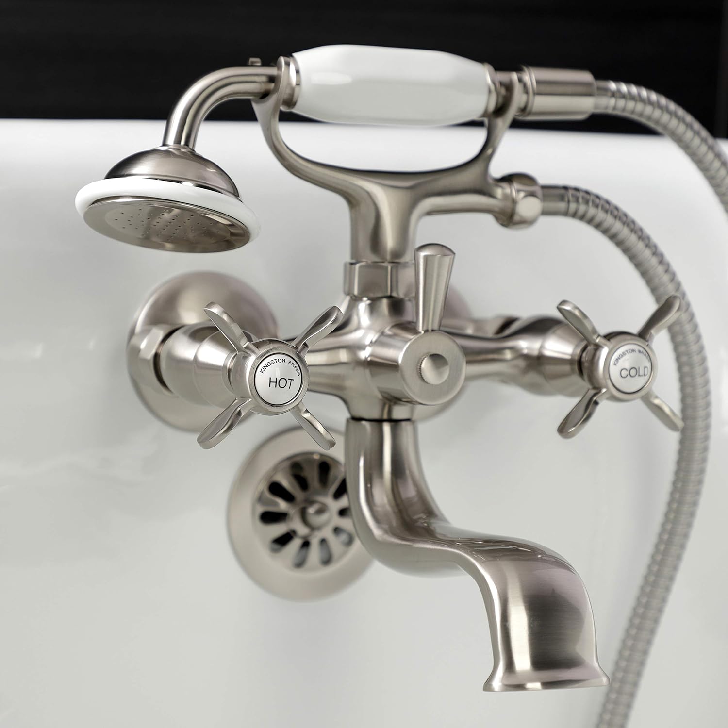 Kingston Brass KS245SN Essex Wall Mount Clawfoot Tub Faucet with Hand Shower, Brushed Nickel