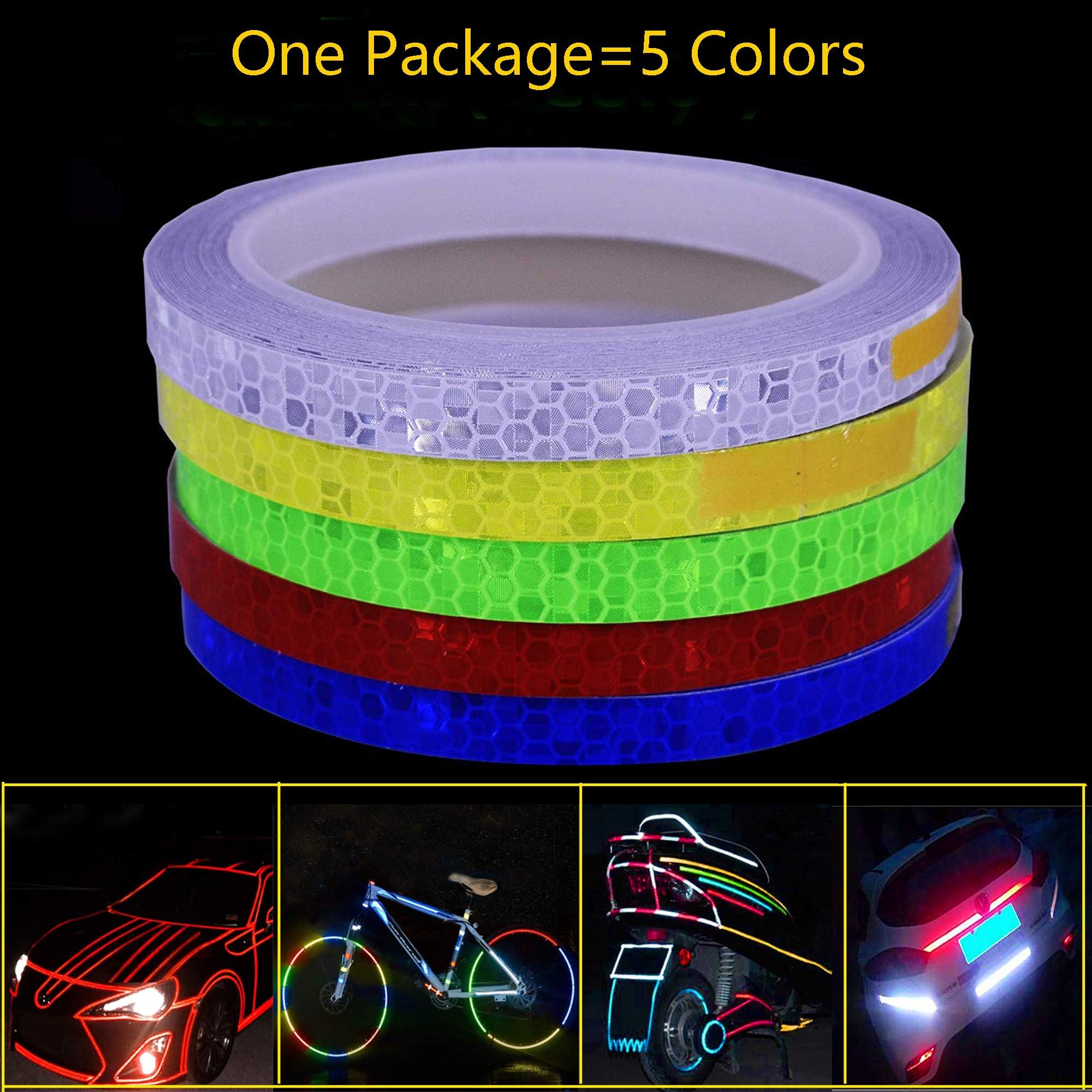 LiXiongBao 5 Colors Safety Reflective Warning Lighting Sticker Adhesive Tape Roll Strip for Beautify Bicycle Bike Car Motorcycle Self-Adhesive DIY Decoration Rim Decoration