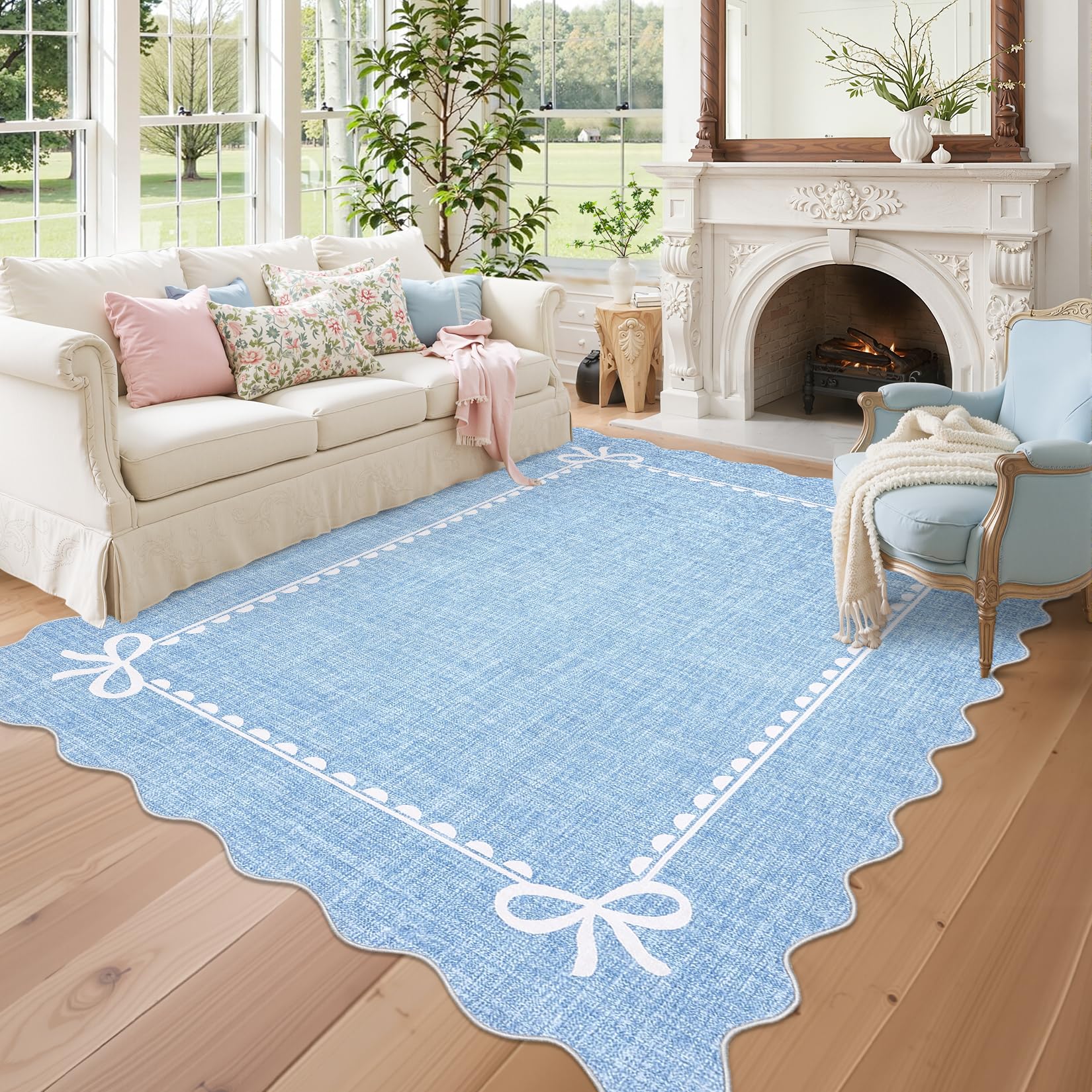 GarveeHome Scalloped Bow Rug for Living Room, Solid Blue Rug for Dorm, Washable Rugs 5x7 Soft Low Pile Non Slip Scalloped Rugs for Nursery College