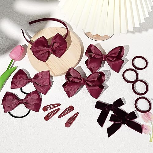 Miniatura 5 de DEEKA Juego de accesorios para el cabello de uniforme burdeos, 15 piezas, lazos para el pelo, pinzas para el cabello, diadema, lazos para el cabello