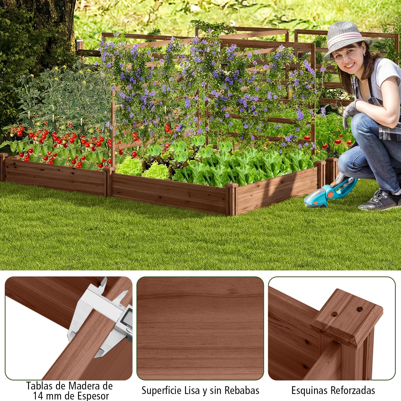 COSTWAY Jardinera con Enrejado, Cama Elevada de Jardín con 2 Maceteros y 3 Enrejados, Kit de Macetero de Madera para Exteriores, Macetero Elevado para Patio de Jardín, 222 x 114 x 110 cm (Marrón)