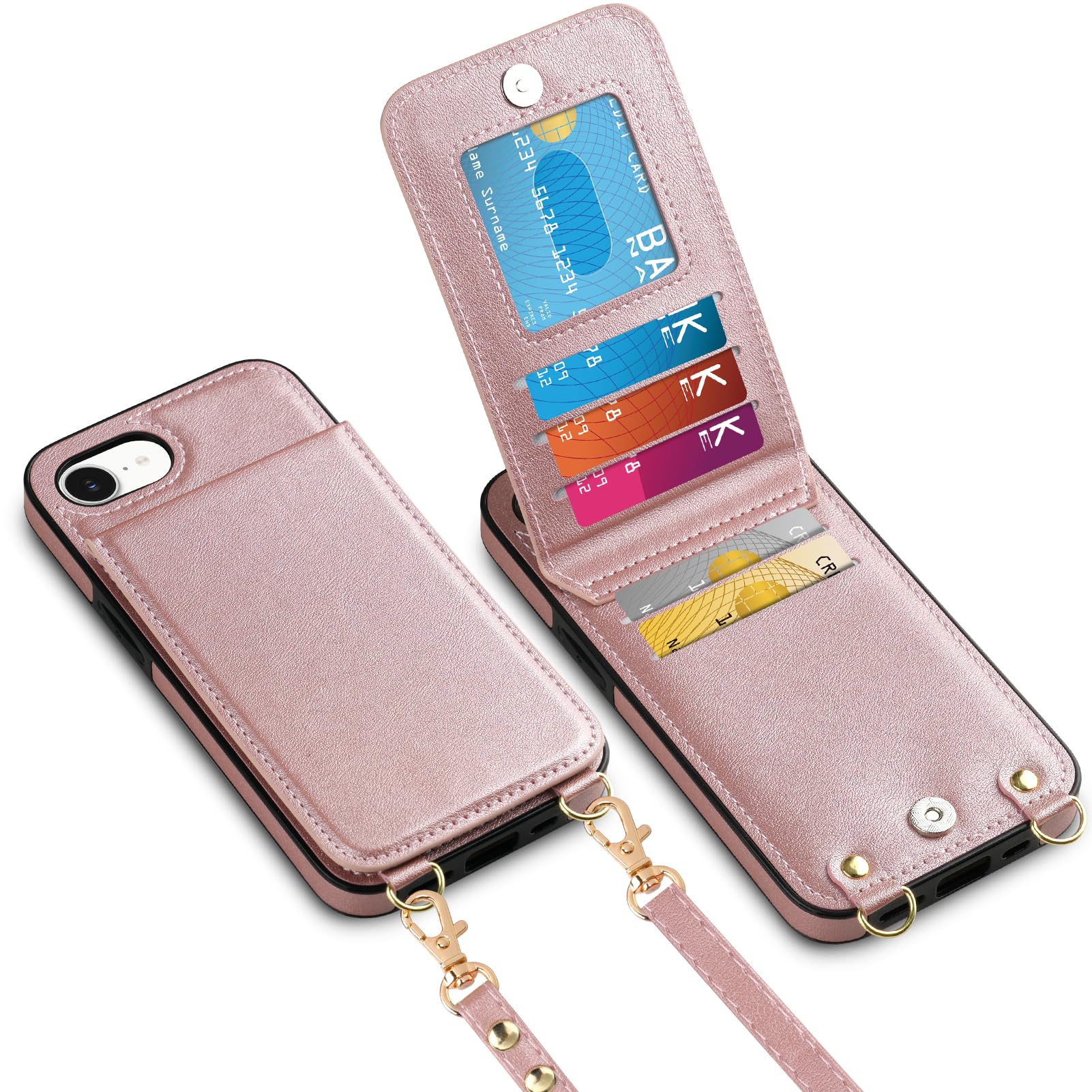 Vofolen for iPhone 16e Case with Card Holder Crossbody Lanyard Strap Leather Wallet Case with Magnetic Clasp Kickstand Heavy Duty Protective Flip