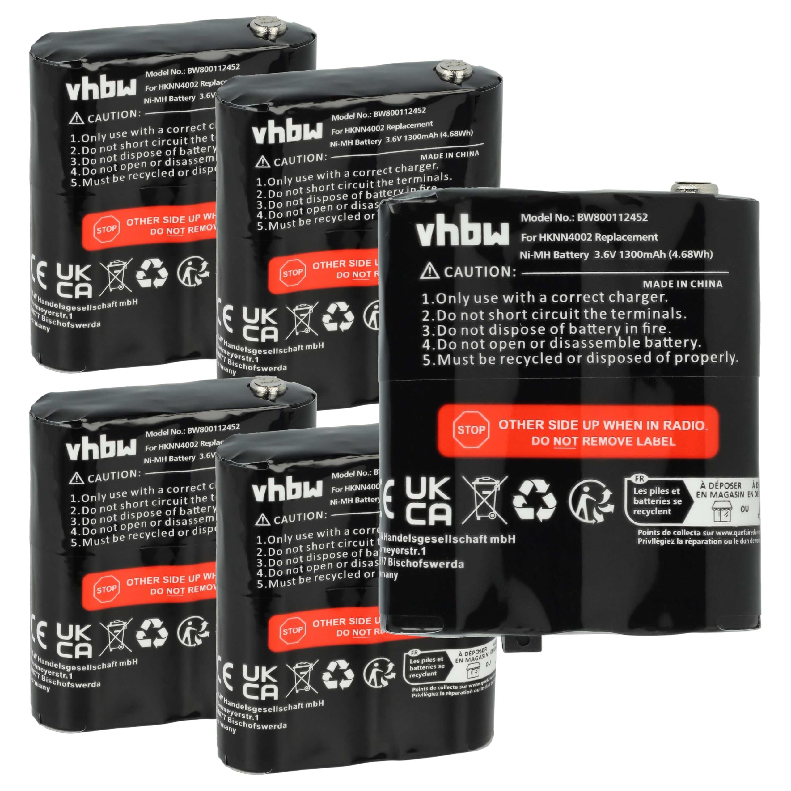 vhbw Bateria 5 x kompatybilna z Motorola Talkabout T5525, T5600, T5500, T5422, T5532, T5512, T5522 radio (1300 mAh, 3,6 V, NiMH)