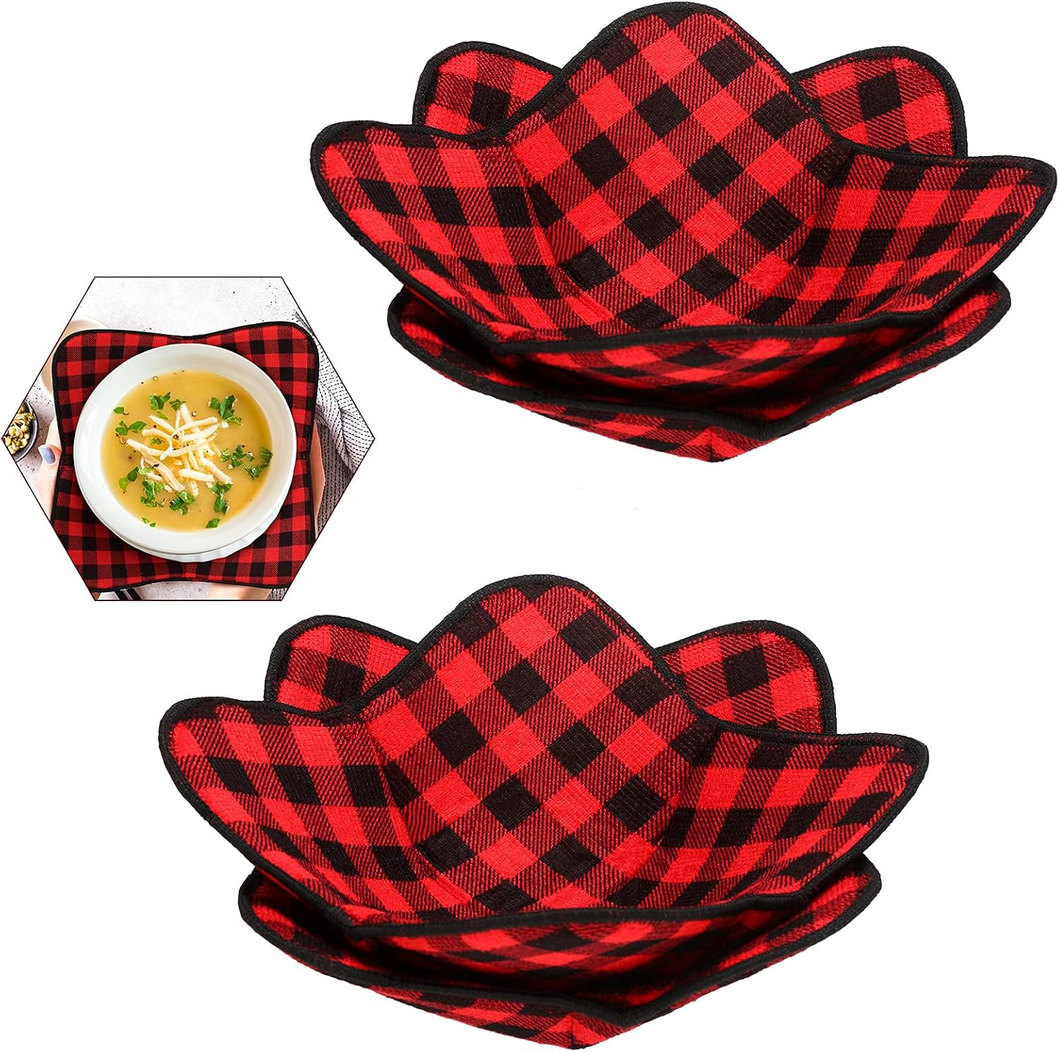 4 Piece Buffalo Plaid Bowl Huggers, Sponge and Microfiber Bowl Holder