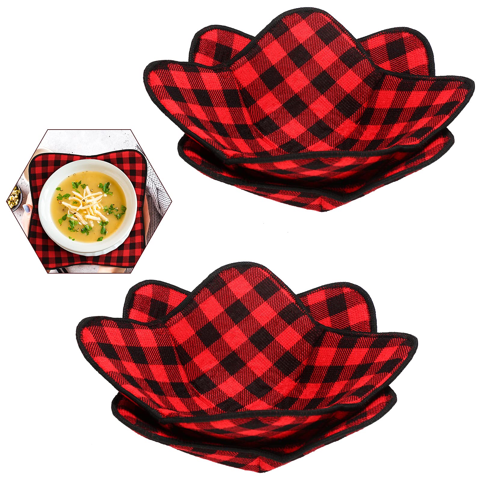 4 Pieces Buffalo Plaid Bowl Huggers Sponge and Microfiber Small Bowls Holder Bowl Potholders for Microwave Bowl Food Huggers Food Warmer for Home Kitchen and Hot Bowl Holder (Black, Red)