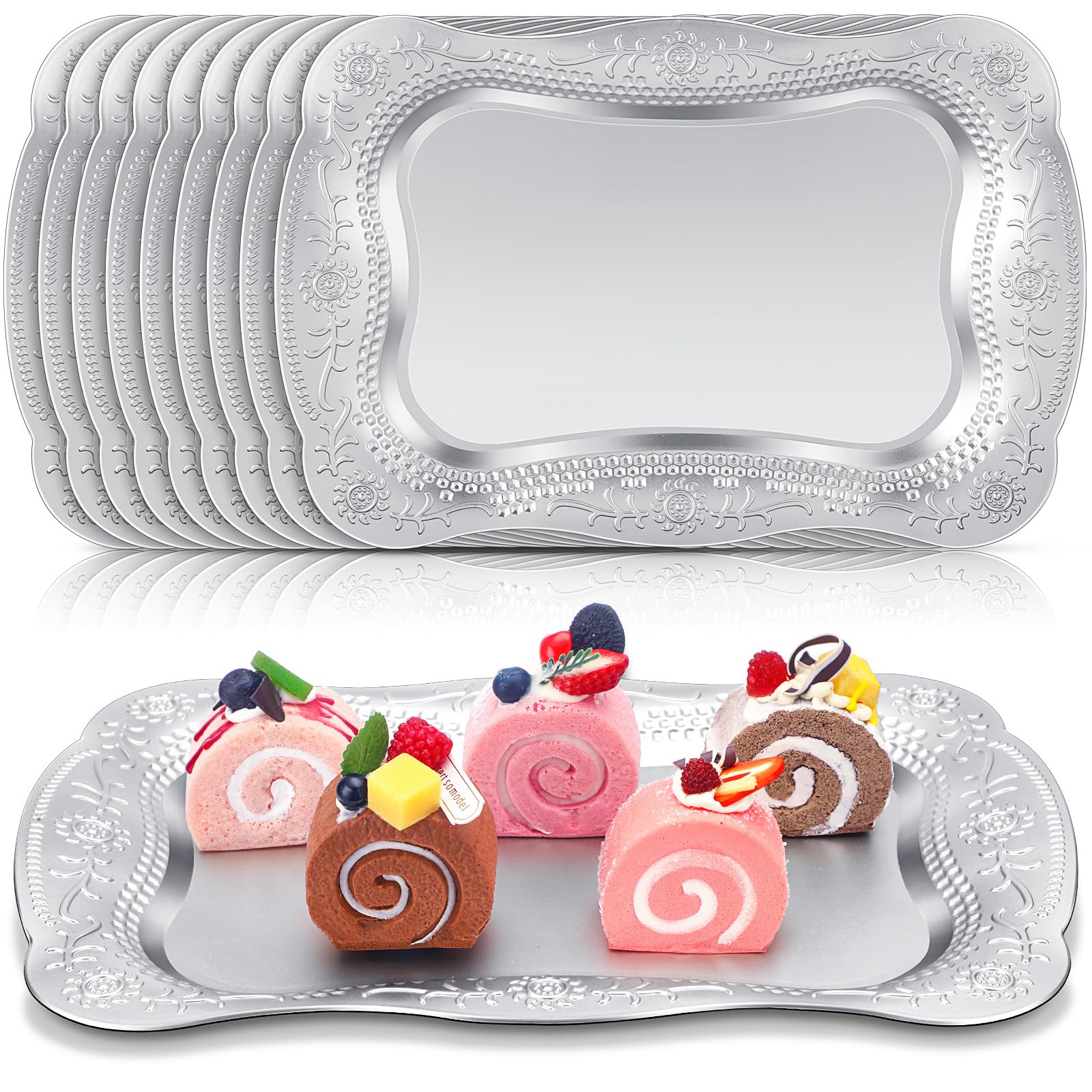 Layhit 10 vassoi da portata rettangolari in plastica, 33 x 22,9 cm, per dessert, decorazione in rilievo, per feste, matrimoni, fidanzamenti, compleanni (argento)
