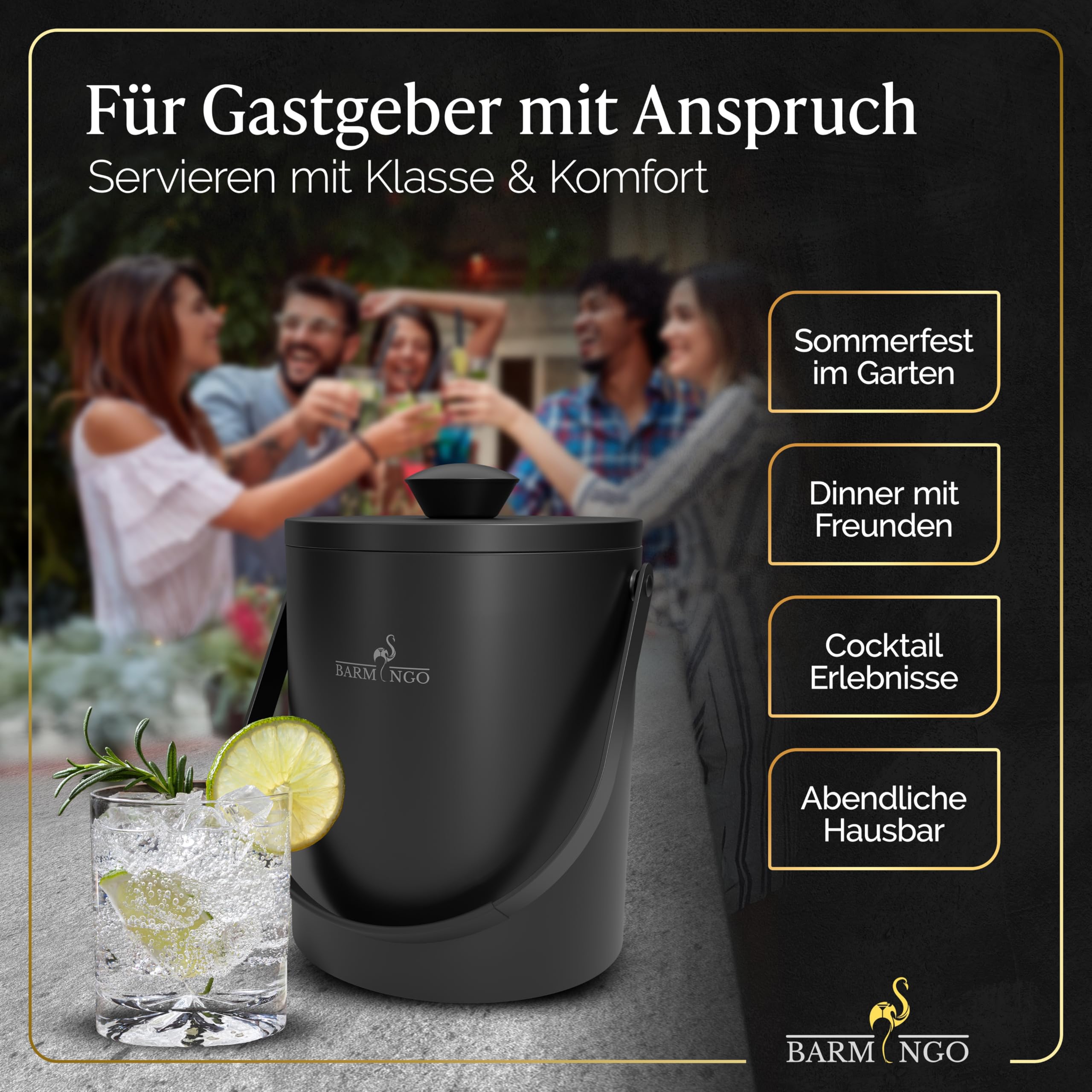 Edelstahl Eiswürfelbehälter mit Deckel - 2l Eiskübel/Eisbehälter für Eiswürfel mit Sieb, Eiswürfelform und Zange | Eiseimer doppelwandig, isoliert, BPA-frei