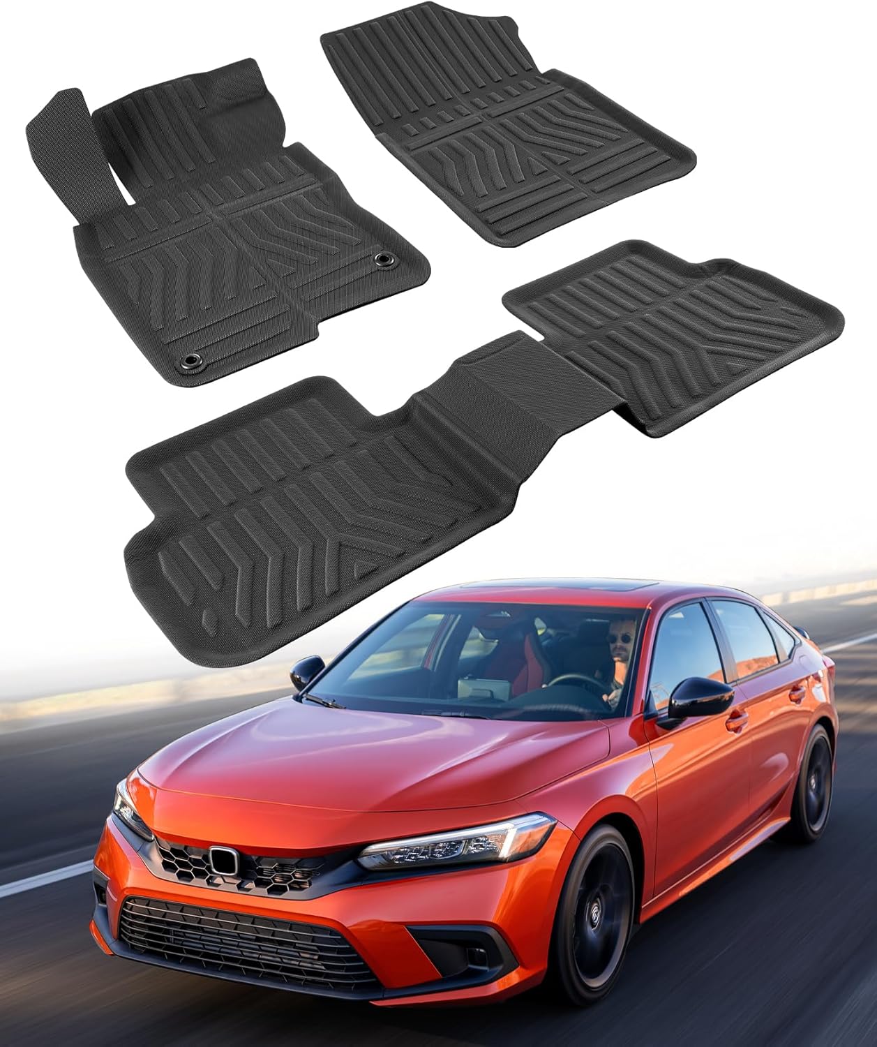 Custom Fit 3 Pcs Floor Mats for Honda Civic 2022-2025 - All-Weather Rubber Mats & Liners, Heavy Duty Car Interior Protection for Civic, Weather-Resistant & Easy to Clean for Honda Civic Car Floor Mats 2022-2025