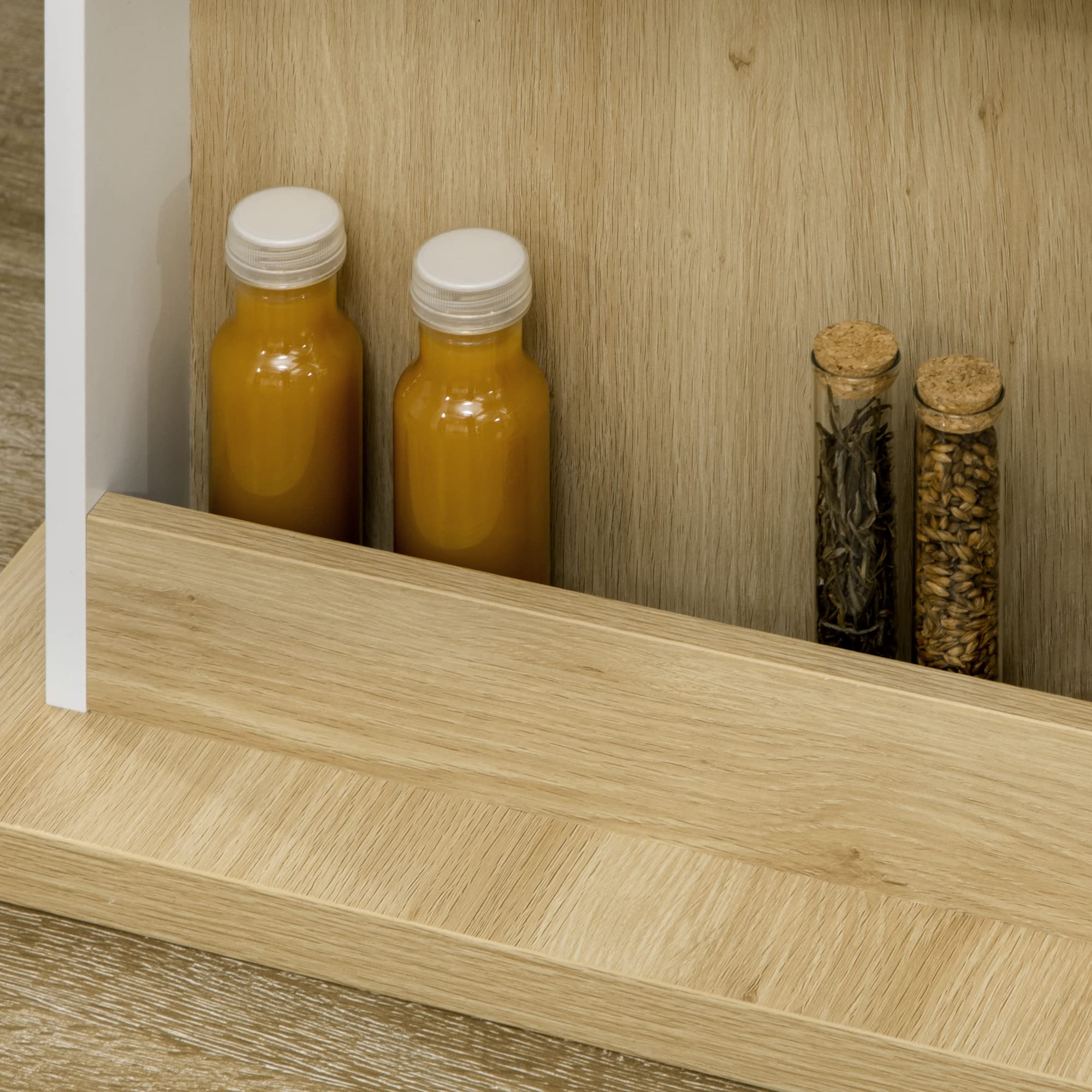 HOMCOM Isla de Cocina, para 4 Personas, Mueble de Cocina Multifuncional, Mesa de Comedor con 4 Puertas, Compartimentos Abiertos, Estante Ajustable, 110x70x75,5 cm, Roble y Blanco