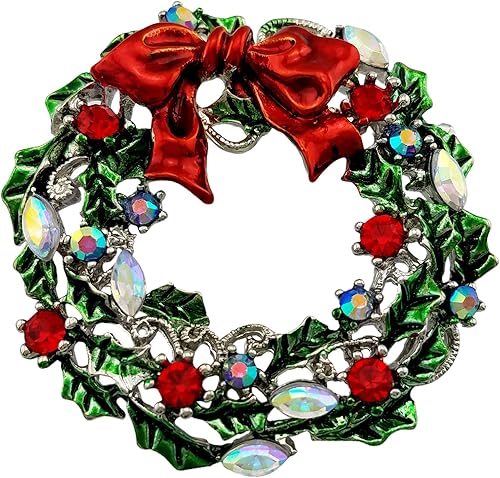 SELOVO Broche redondo de cristal austriaco rojo verde plateado corona