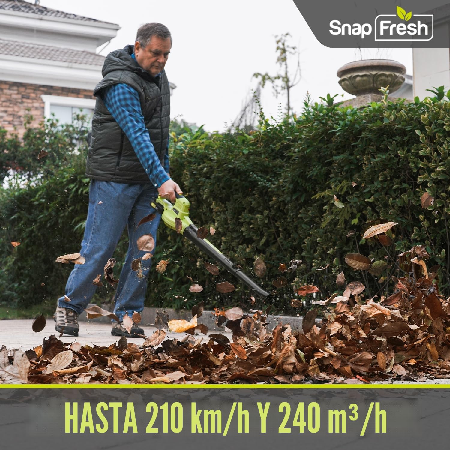 SnapFresh Soplador de Hojas 20V portátil de 1,2 kg inalámbrico con batería y Cargador, 210 km/h, 240 m³/h, 2 velocidades, para jardín y césped (Verde)