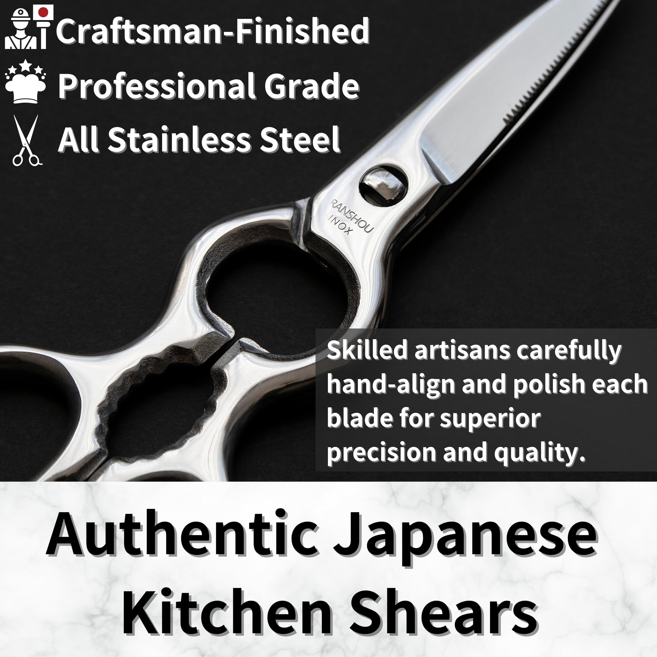 Japanische Küchenschere, Allzweckschere, 20,3 cm, robuste Lebensmittelschere mit auseinanderliegender Klinge, komplett aus japanischem Edelstahl, hergestellt in Japan