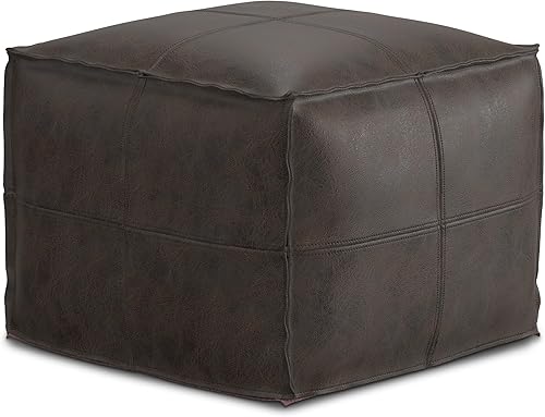 SIMPLIHOME Sheffield - Puf cuadrado bohemio en cuero marrón oscuro envejecido para sala de estar, dormitorio y habitación de los niños