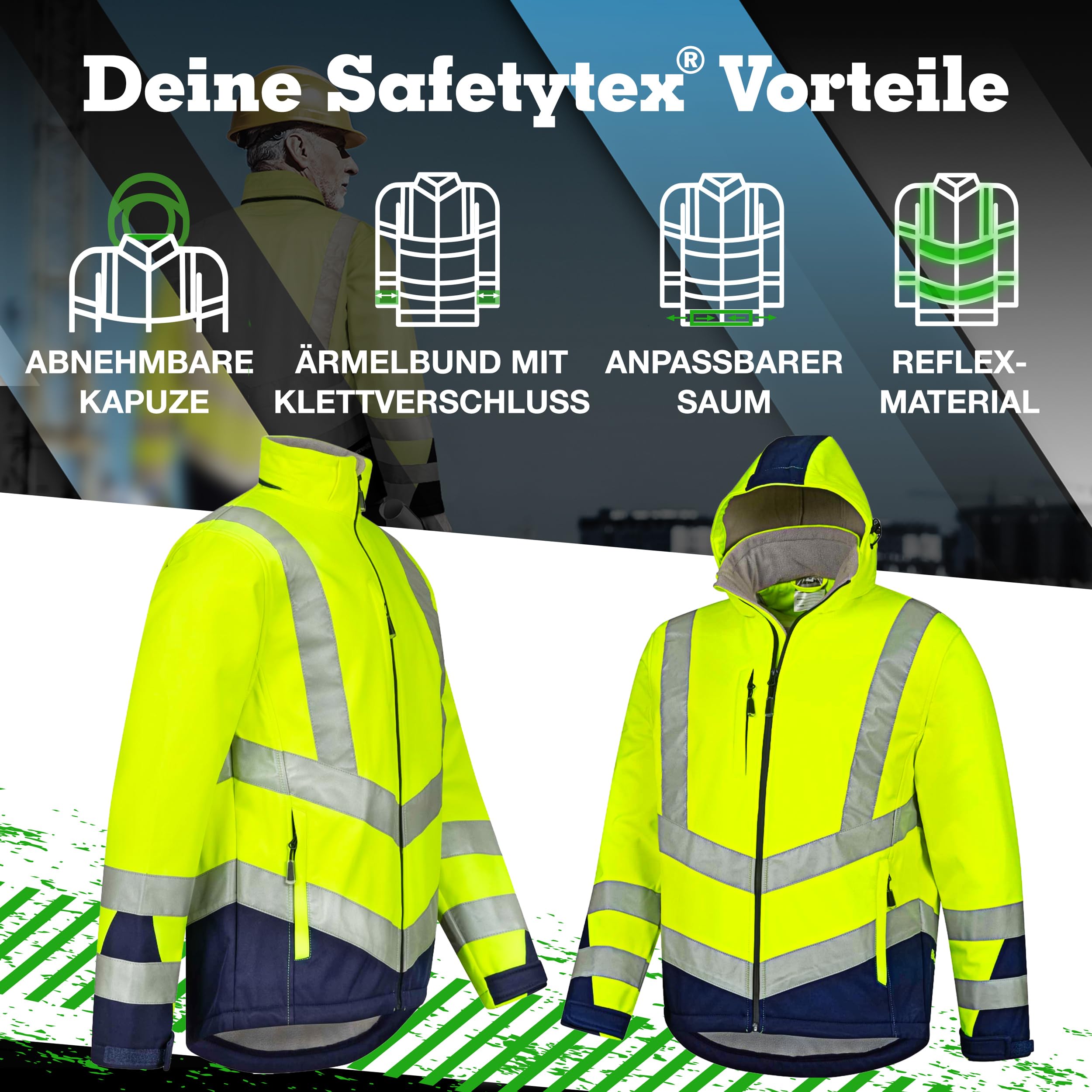 Safetytex Warnschutz Softshelljacke - Wind- und Wasserdicht - Atmungsaktiv - Hoch Sichtbar - Arbeitsjacke in verschiedenen Farben und Größen
