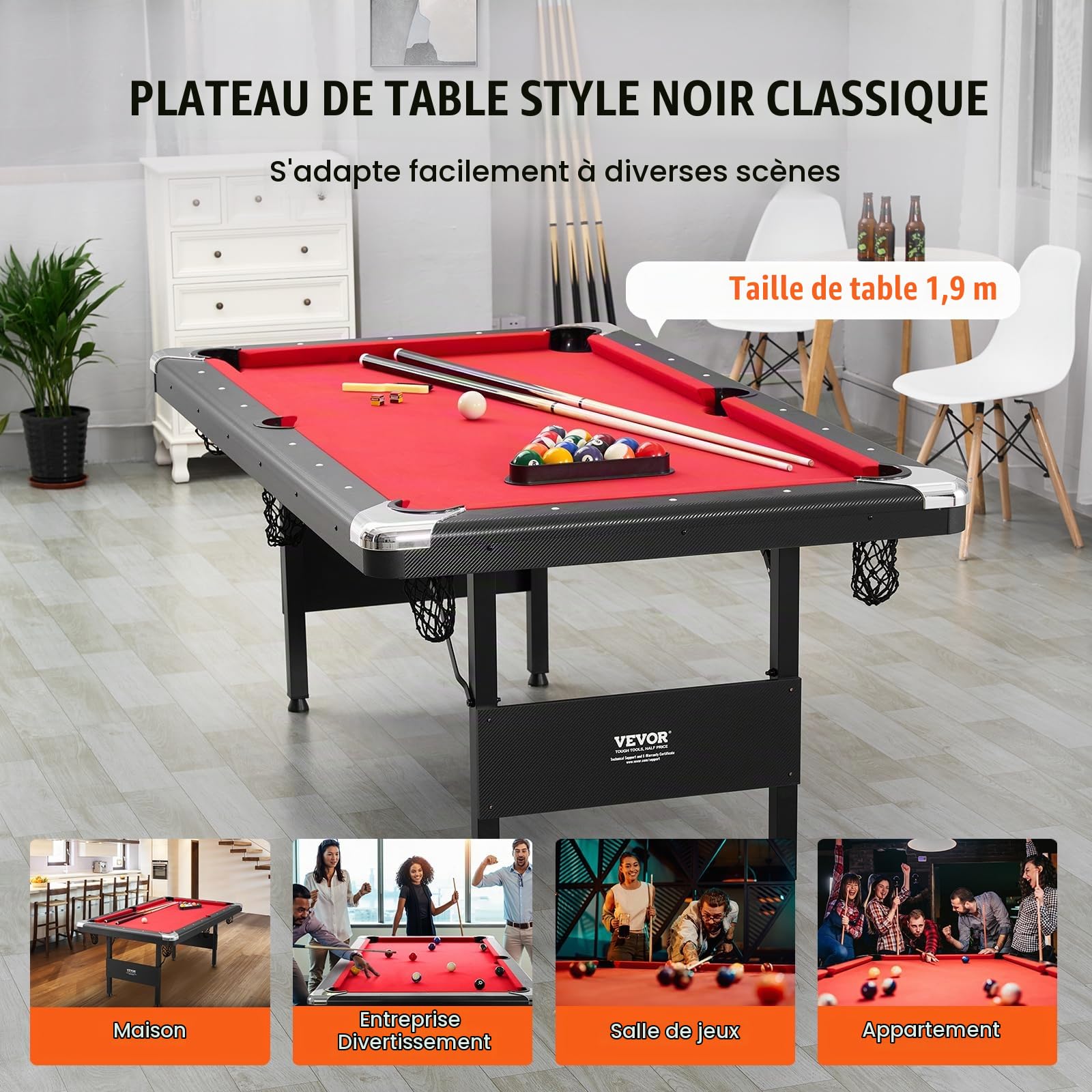 VEVOR Table de Billard 192 cm, Kit de Billard Pliable et Portable, Ensemble d'Accessoires Complets avec Balles, Queues, Craies et Brosse, Couleur Noir avec Tissu Rouge, pour Domicile, Club, Café-Bar